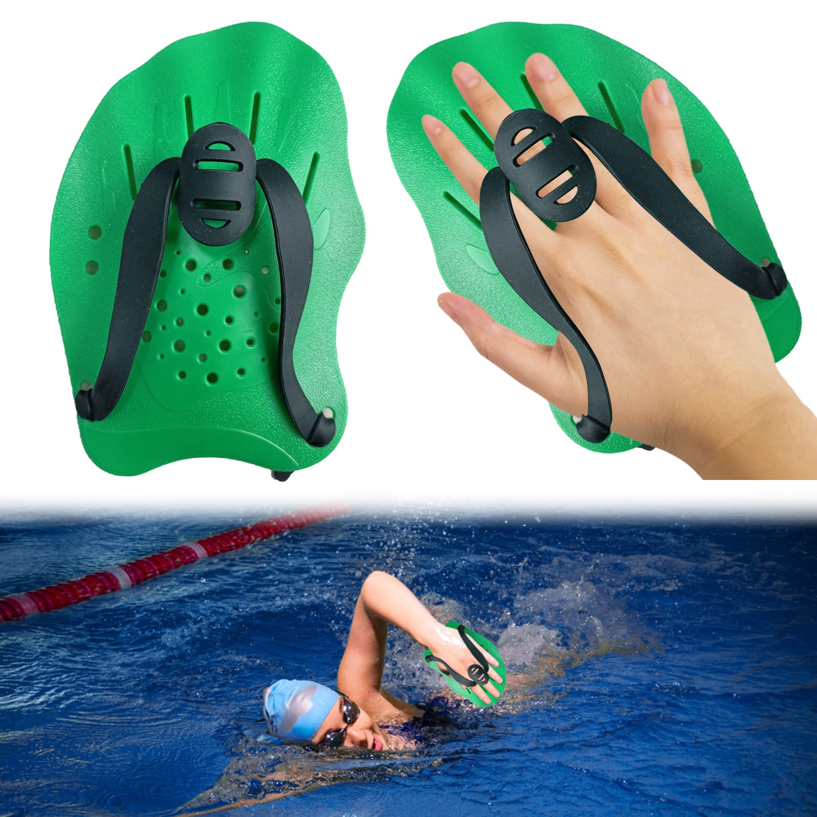 1 Pair Hand Paddles for Swimming Swim Paddles with Adjustable Straps Power Strength Training Aid Pool Exercise Equipment Accessories for Adults Kids Children Unisex (Green)