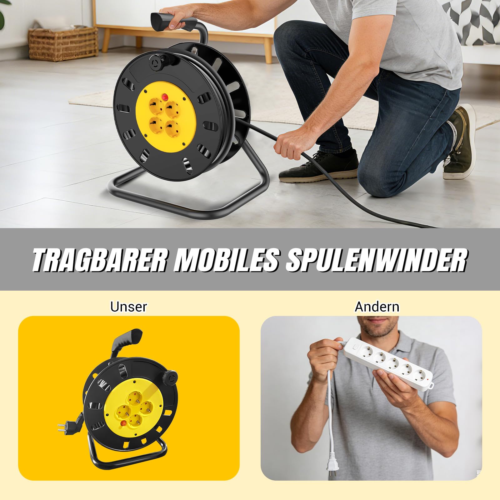 Kabeltrommel Verlängerungskabel 50m, Outdoor Steckdose mit 4 Steckdosen, Automatik Kabeltrommel Verlängerung, Werkstatt Kabelaufroller, Thermoschalter und Kabelhalter, Verlängerungskabel außen