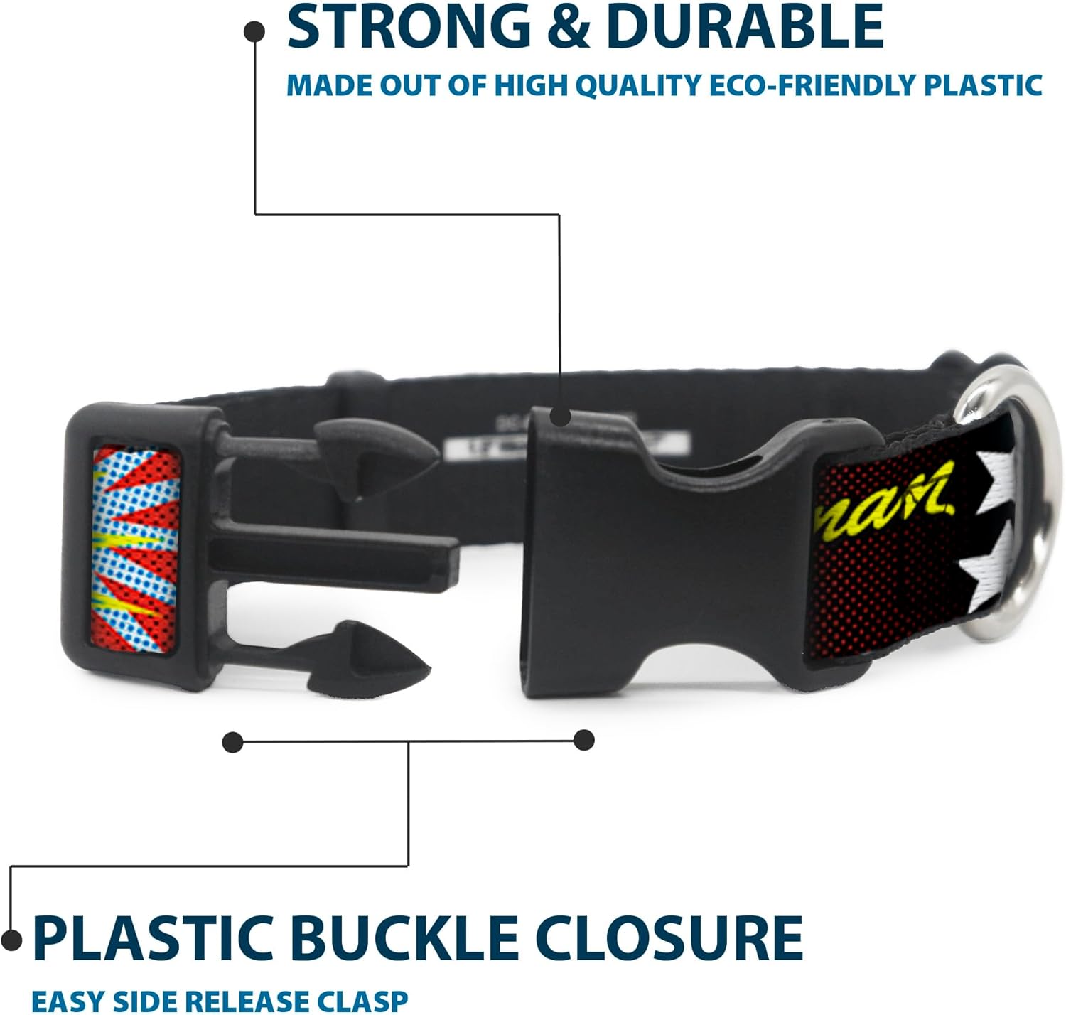 Buckle-Down Plastic Clip Collar - Wonder Woman Face w/Stars - 1.5" Wide - Fits 18-32" Neck - Large