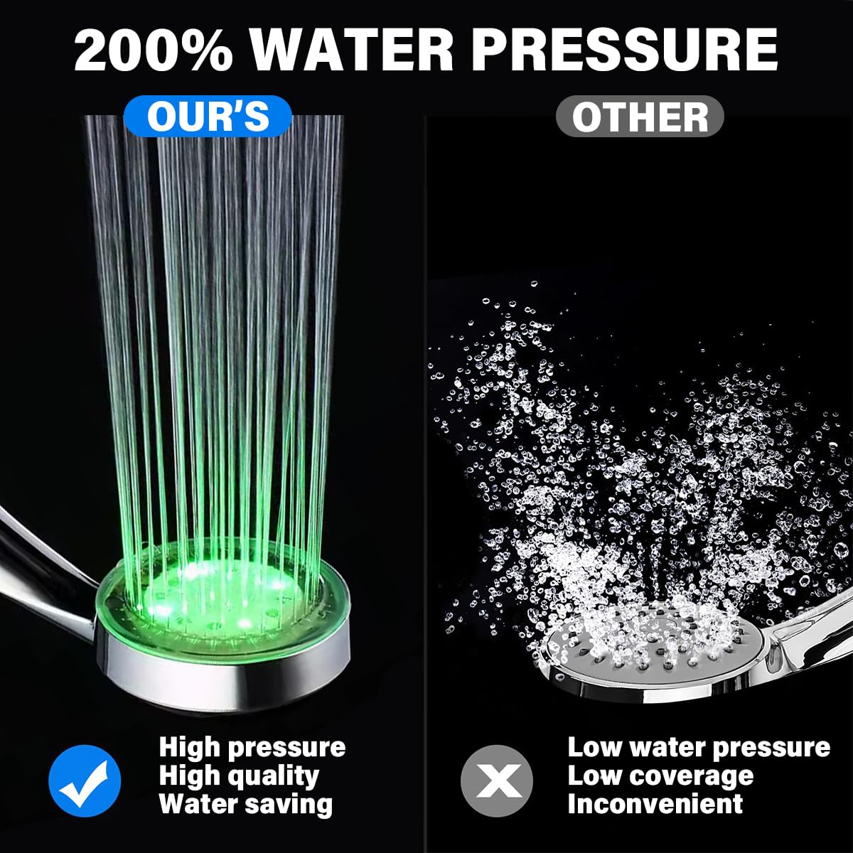 JINYOMFLY LED Shower Head, High Pressure Water Saving Shower Head 7 Colour LED Changing Portable Handheld Shower Head - Image 2