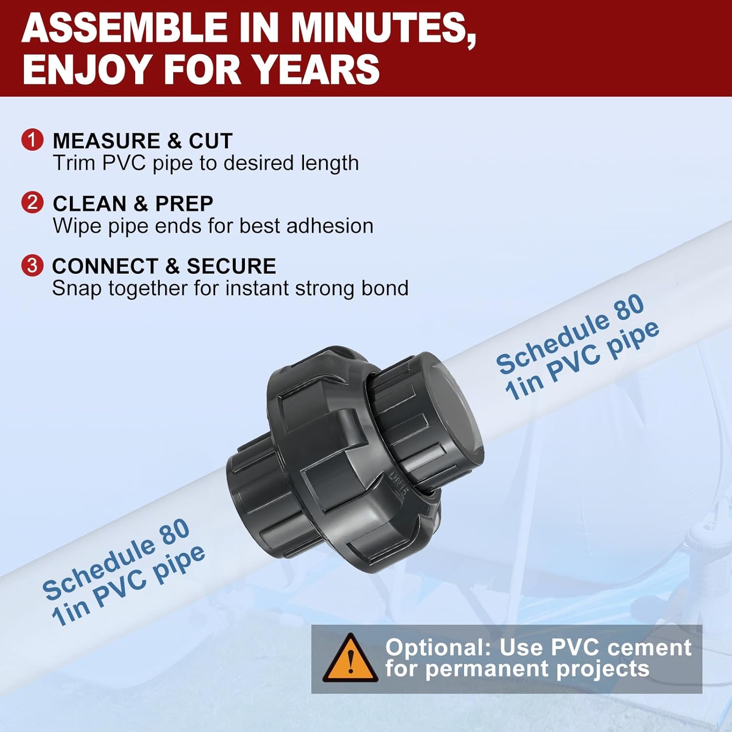 DTGN 12Pcs 1" PVC Union Coupling Pipe Fitting, SCH80 (Socket x Socket) Furniture Grade PVC Slip Union Coupling Adapter for DIY Pipe Connection, Hose Extension, Dark Grey
