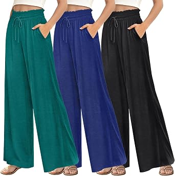 3 Pack Capri Pants for Women Summer Wide Leg High Waisted Lounge Pant Adjustable Drawstring with Pockets