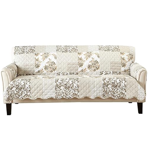 Great Bay Home Reversible Patchwork Sofa Cover - Washable Slipcover Furniture Protector with Elastic Straps - Couch Cover for Dogs, Kids, and Pets - Box-Stitched Detail (Sofa, Taupe)