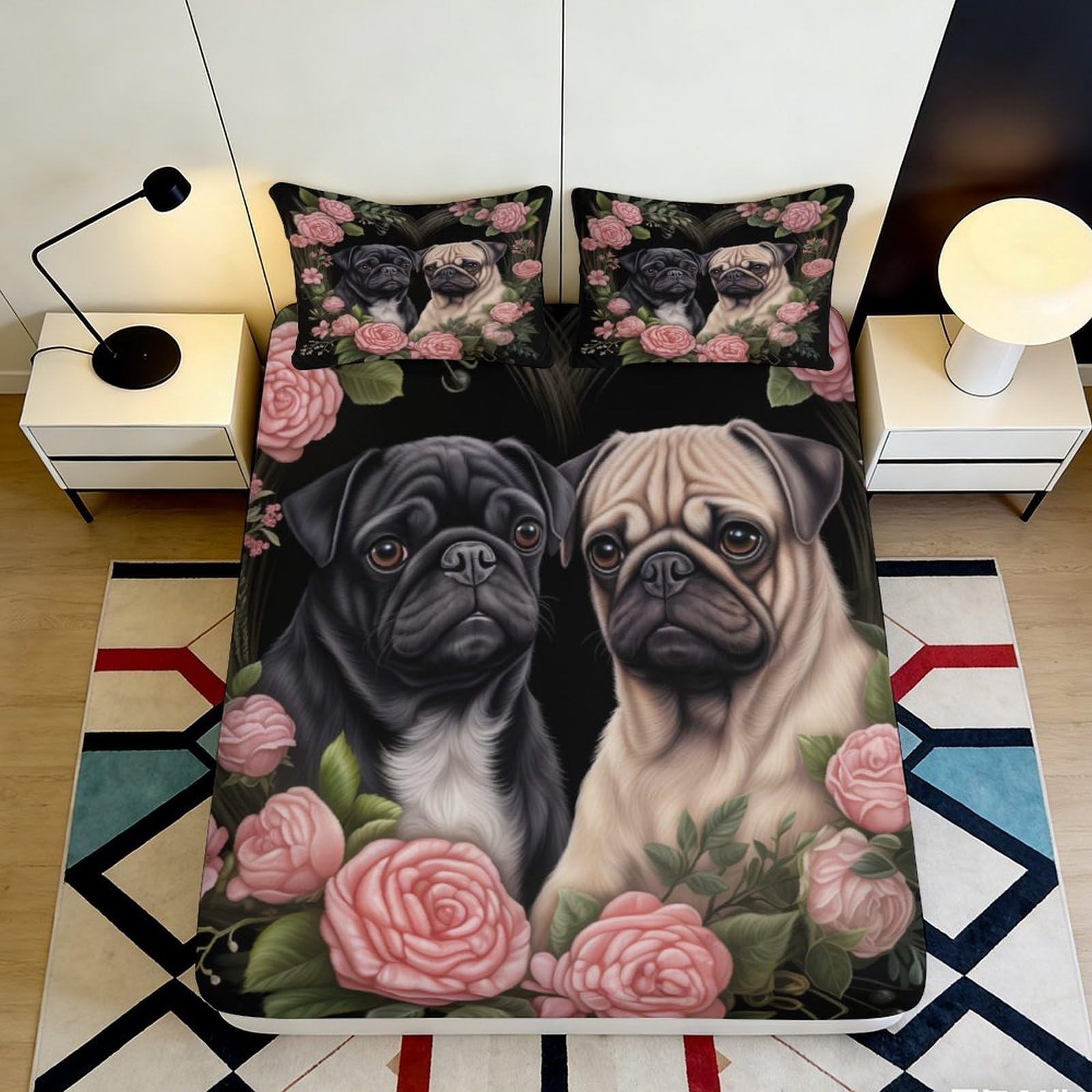 3D Printed Black Pug Fitted Sheet Microfiber Soft Decorative Beige Pug Mattress Cover for Bedroom Guest Room Easy Care 90x200x25cm