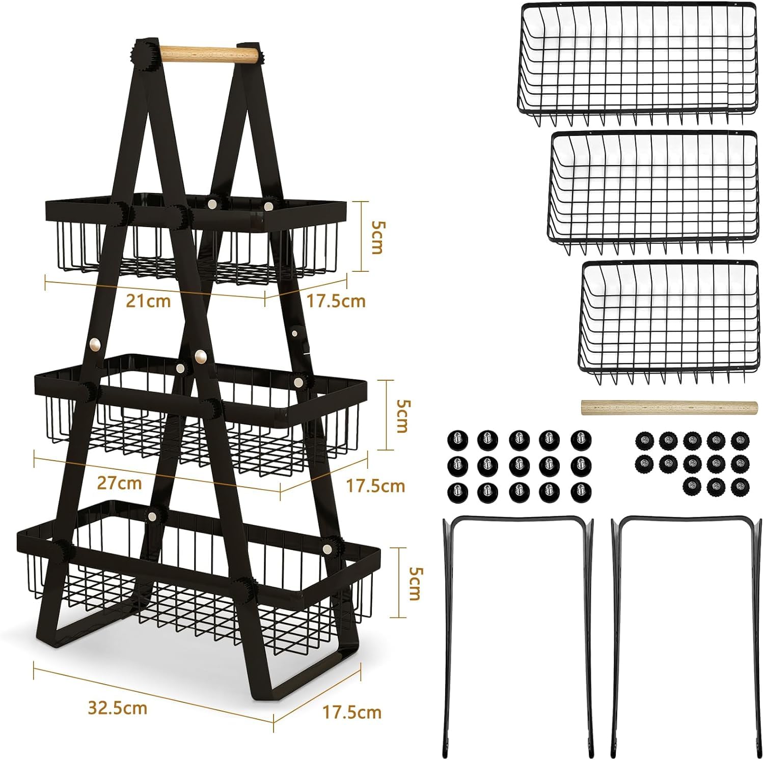 3-stöckige Obst Etagere aus Metall – großer Obstkorb schwarz mit abnehmbarer Obstschale, moderner Obsthalter für Küche, vielseitiger Ablagekorb mit Holzgriff, ideal für Obst, Gemüse, Brot und Snacks