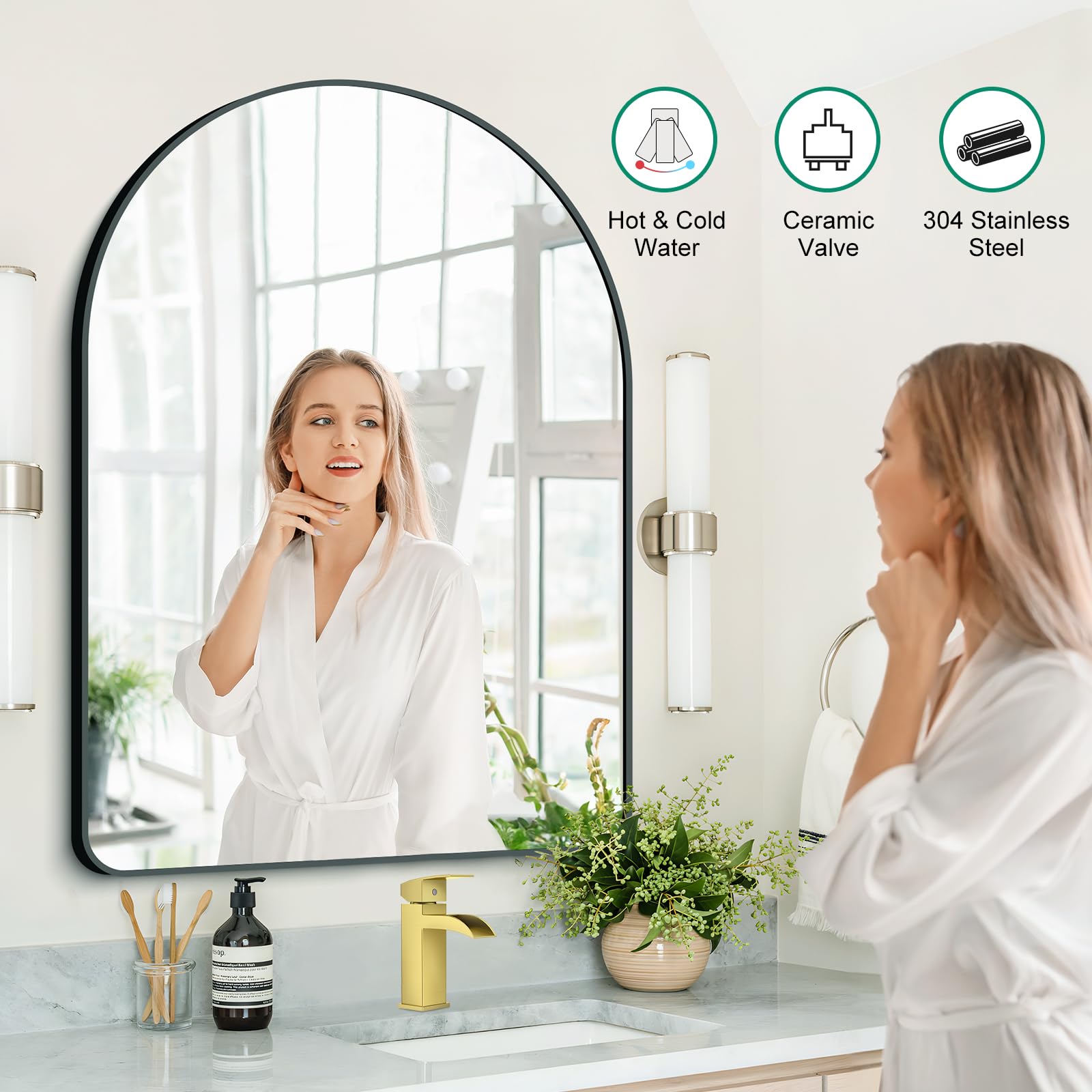 CREA Robinet de salle de bain cascade doré brossé 1 trou poignée unique robinet d'évier de salle de bain avec drain pop-up en acier inoxydable robinet mitigeur de lavabo ligne d'alimentation en eau