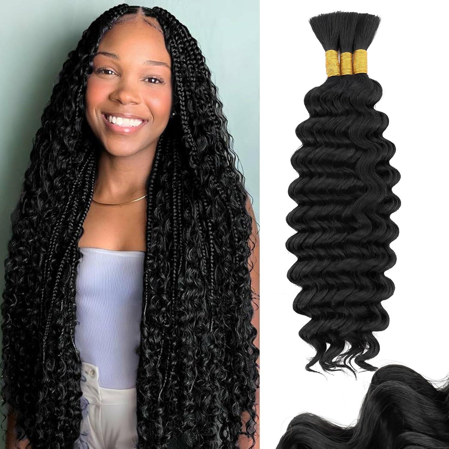 S-noilite Human Braiding Hair for Boho Braids 100% Unprocessed Brazilian Virgin Bulk Hair 3 Bundles/Pack 110 16 Inch Deep Wave Bundles Human Hair for Bohemian Knotless Braids No Weft #1B