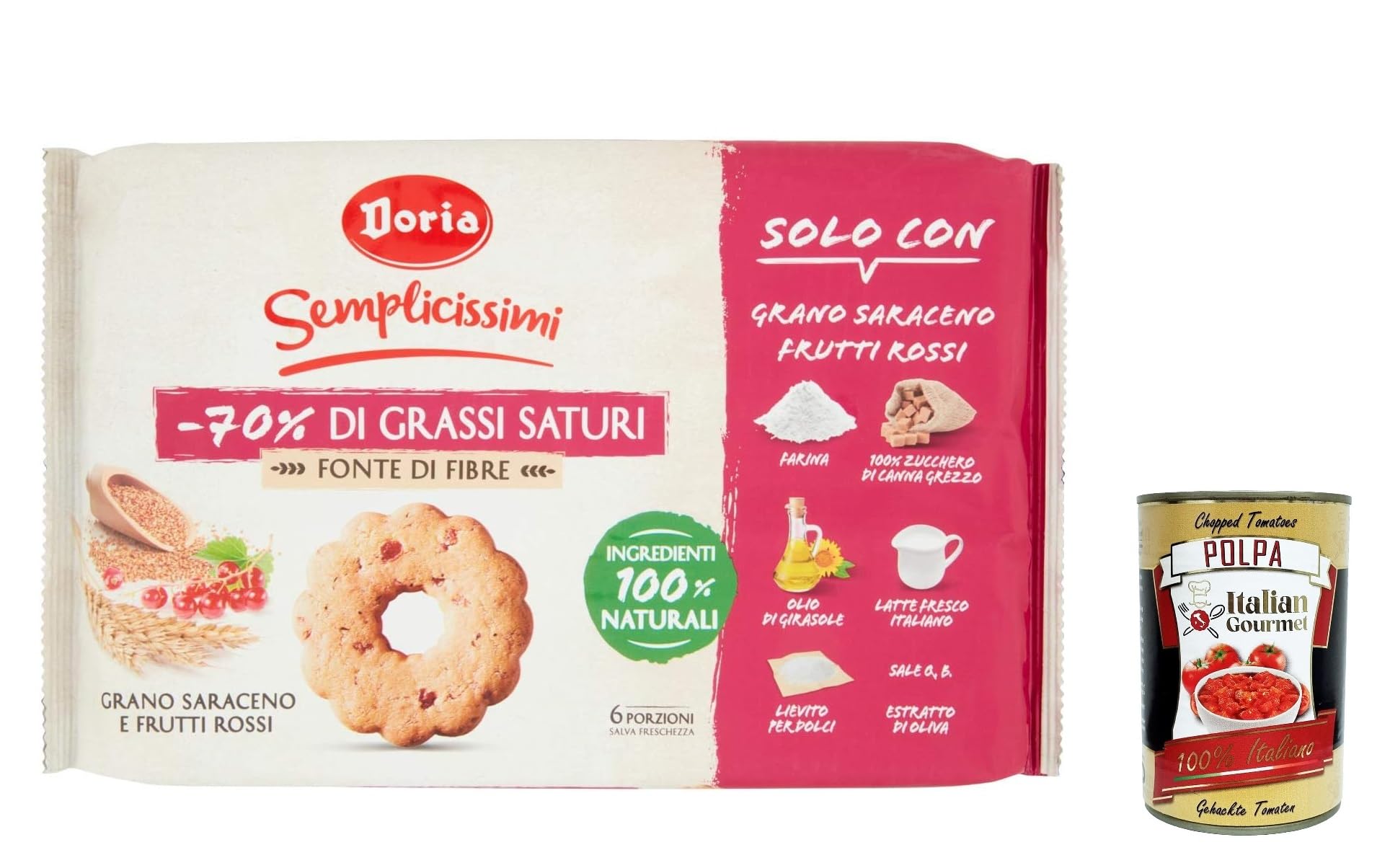Doria Biscotti con Frutti Rossi e Grano Saraceno, biscuits aux fruits rouges et au sarrasin 280 g + polpa italien Gourmet 400 g