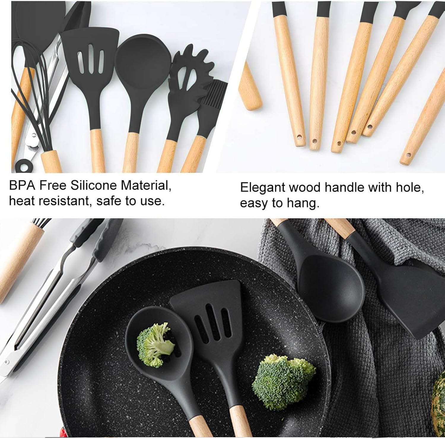 12 Pcs Silicone Cooking Utensils Set Kitchenware Set Kitchen Tool Set Kitchen Utensils for Cooking Wooden Handle Gadgets with Holder for Nonstick Cookware