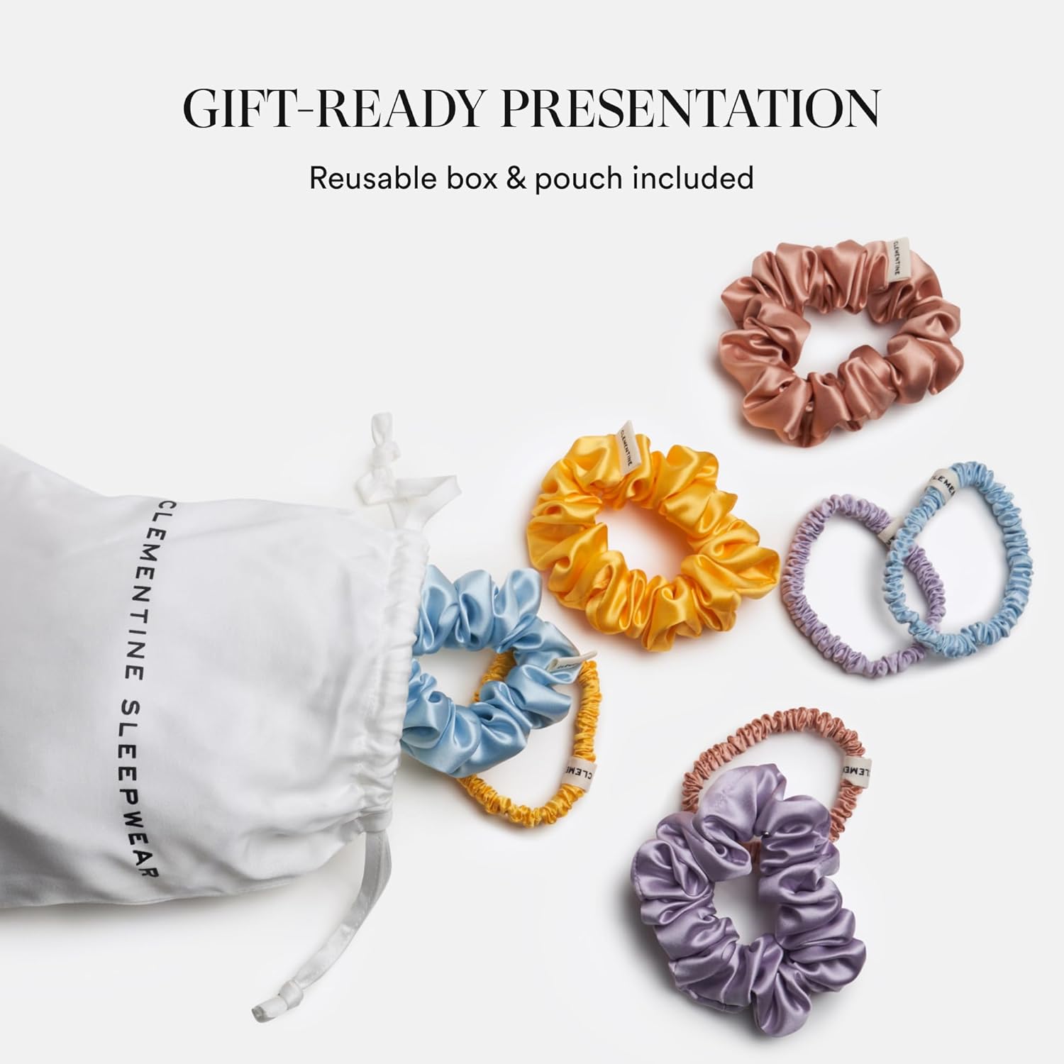 Clementine Sleepwear Organic Silk Scrunchie Set Flower Shop | 4 Skinny and 4 Midi Scrunchies Made with GOTS Certified Silk for Gentle, Frizz-Free Styling