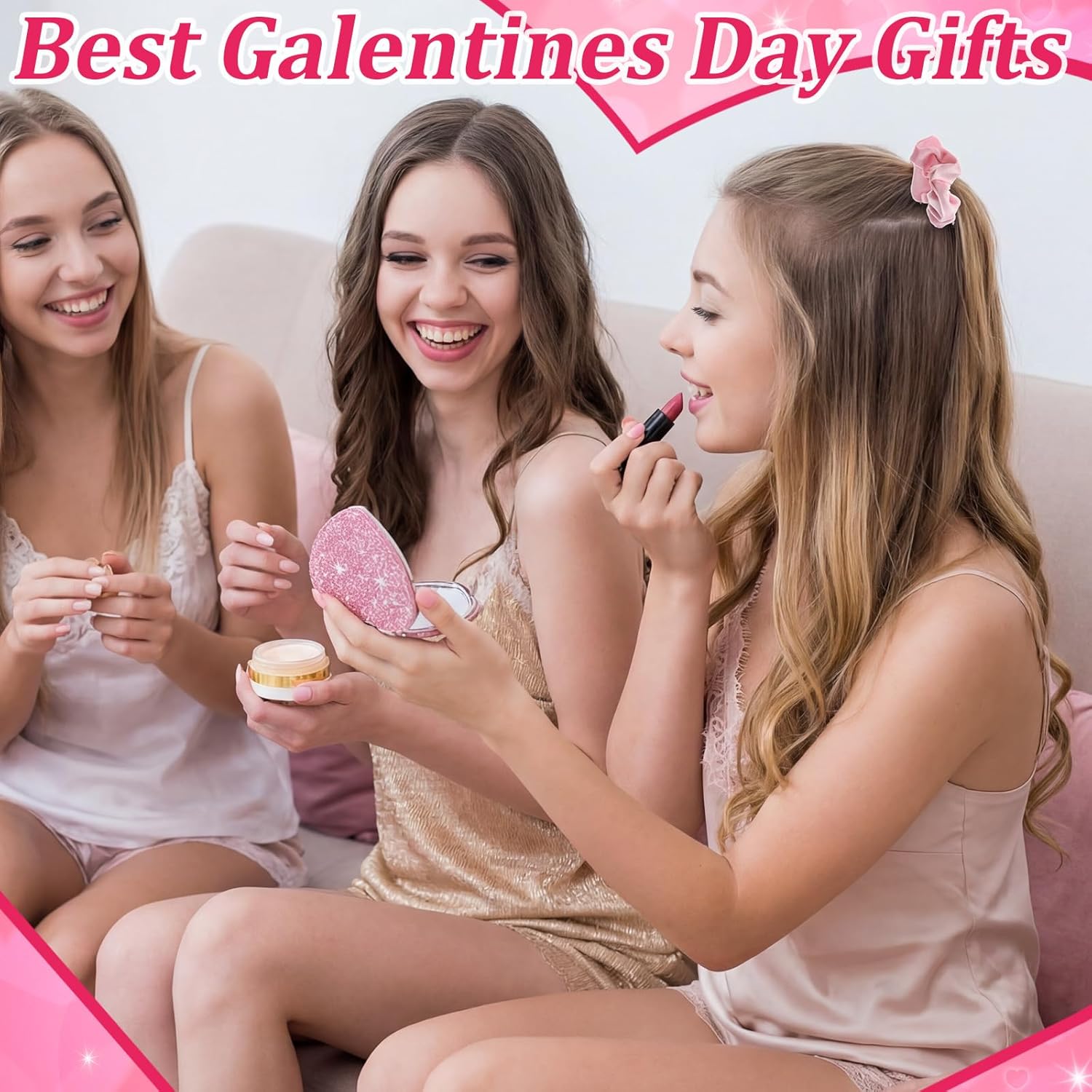 30 Pcs Galentines Gifts Bulk for Girl Women Valentine's Gifts Include 10 Pink Scrunchies 10 Folding Heart Mirror 10 Fuzzy Socks for Women Friends Female Girls Sister Present Birthday