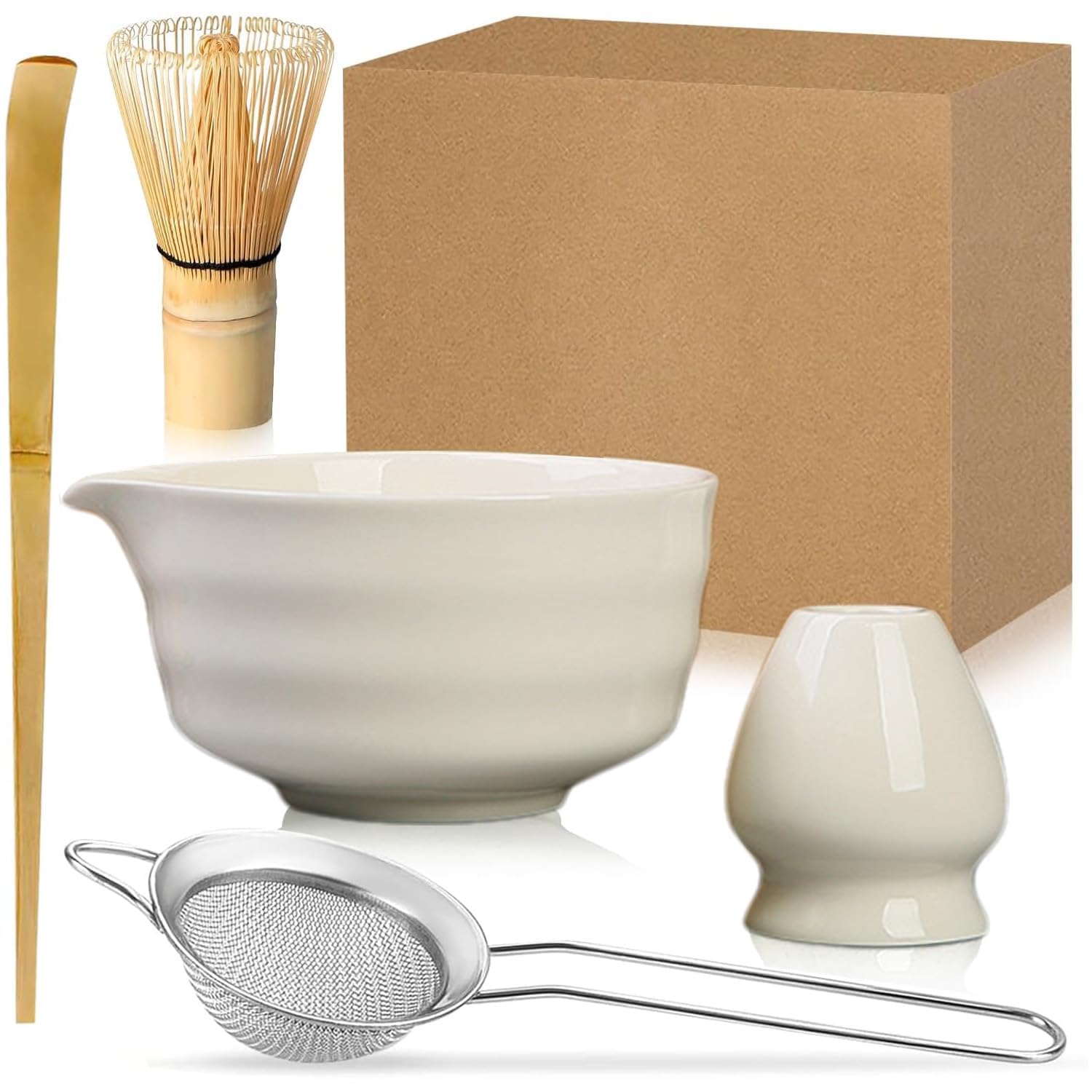 5 Stück Matcha Set, Bambus Matcha Besen, Keramik Matcha Schale mit Ausgießer, Matcha Whisk, Schaufel, Sieb, Matcha Tee Set Ohne Pulver, Ceremonial Matcha Starter Set (Weiß)