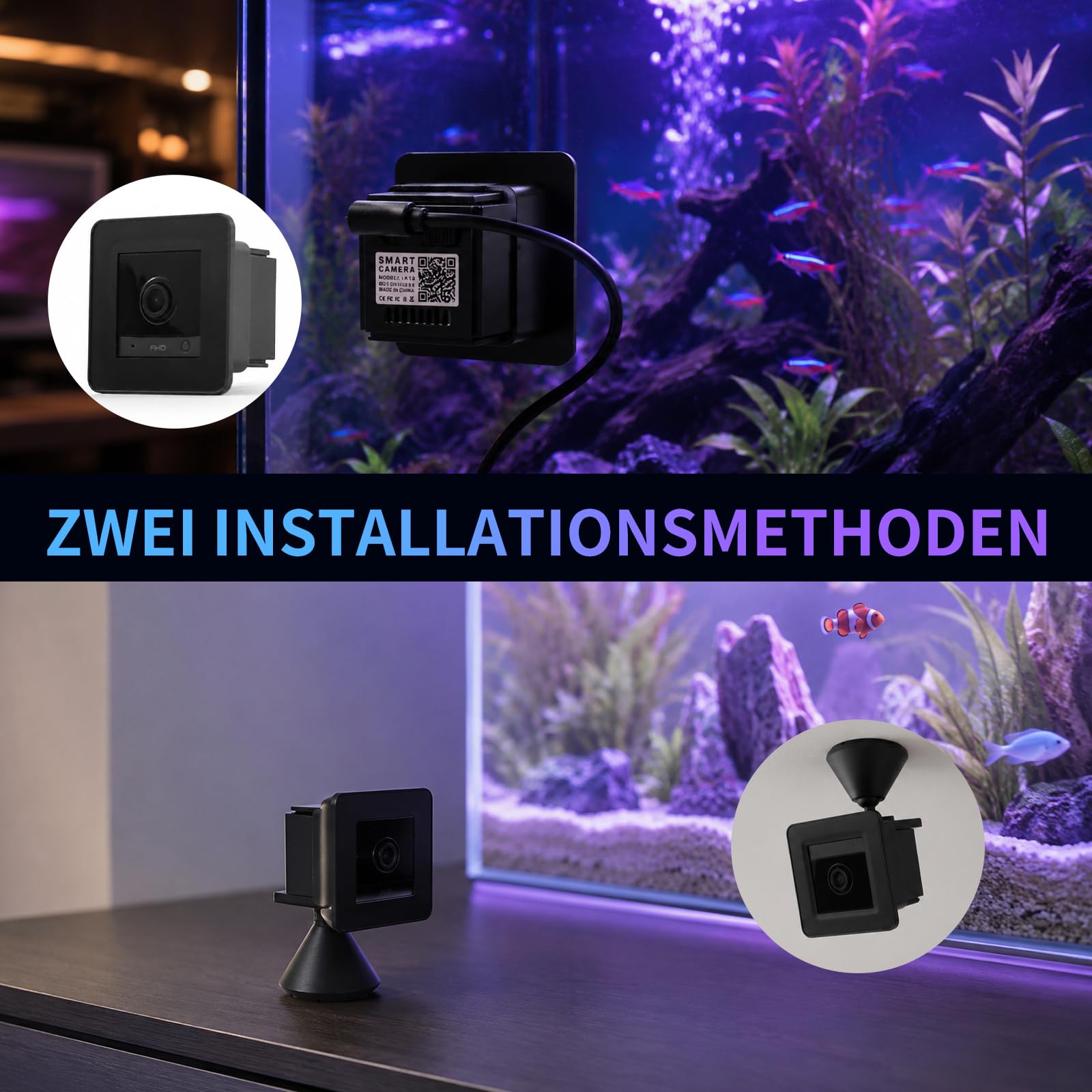 2K-Aquariumkamera mit Blendschutzobjektiv, 140°-Weitwinkel-WLAN-Aquariumkamera, KI-Bewegungserkennung, Zwei-Wege-Audio, Nachtsicht für Reptilien-Terrarium