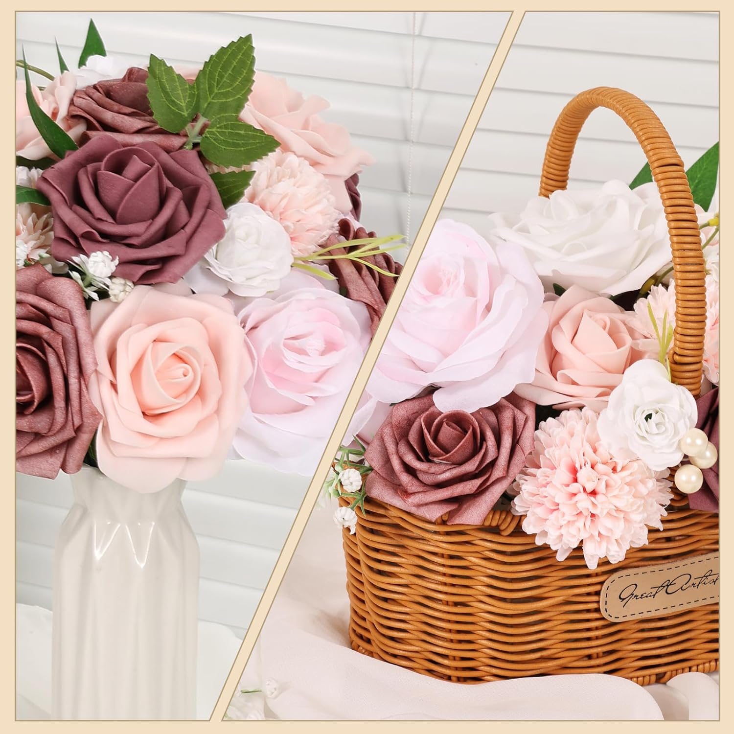 Artificial Flowers Combo Dusty Pink White Roses with Stems Leafs Bouquets Bridal Wedding Shower Decorations Fake Floral for Party Table Centerpieces