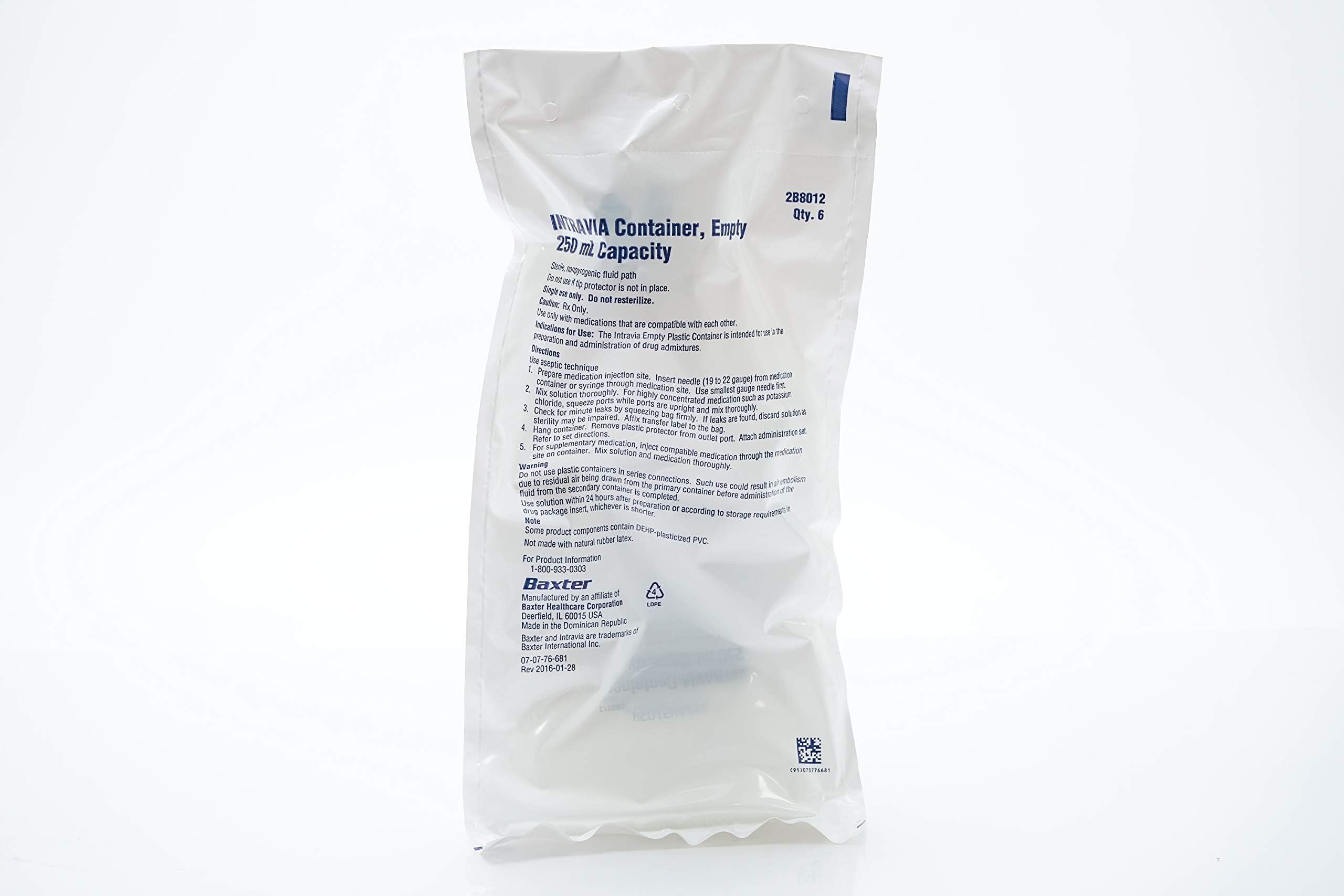 2B8012 Intravia Containers, Empty 250ML Capacity, Sterile, Nonpyrogenic Fluid Path, Pack of 48