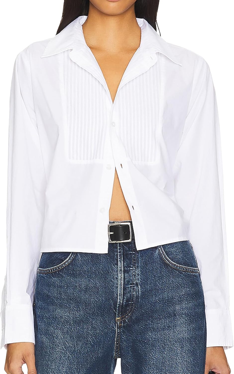 SUNNOW Women's White Boxy Cropped Tuxedo Button Up Shirt Long Sleeve Blouse Dressy Casual Tops