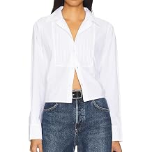 SUNNOW Womens White Boxy Cropped Tuxedo Button Up Shirt Long Sleeve Blouse Dressy Casual Tops