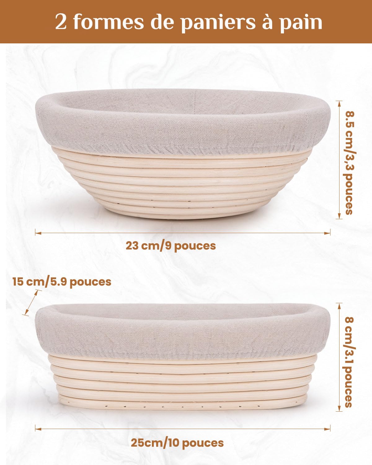 Banneton Panier d'épreuvage Set, PITCH PULSE Panier Banneton Brotform en Rotin Naturel pour Pain et Levain