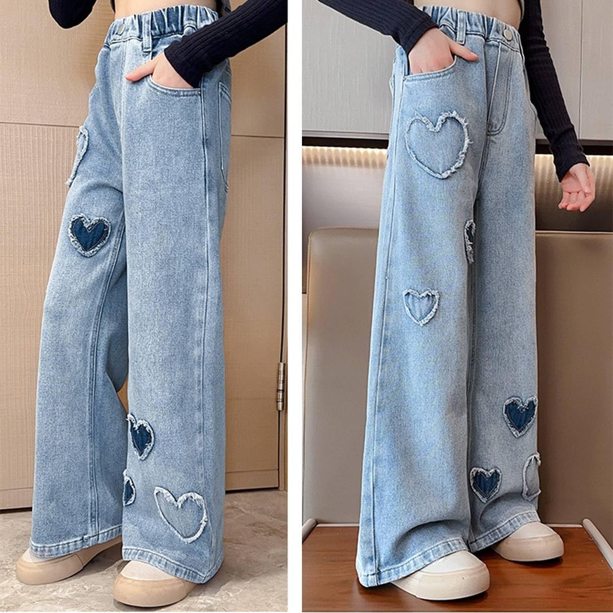 Kids Girls Baggy Jeans Heart Print Casual Wide Leg Loose fit Denim Pants Size 5-14 Years - Image 4