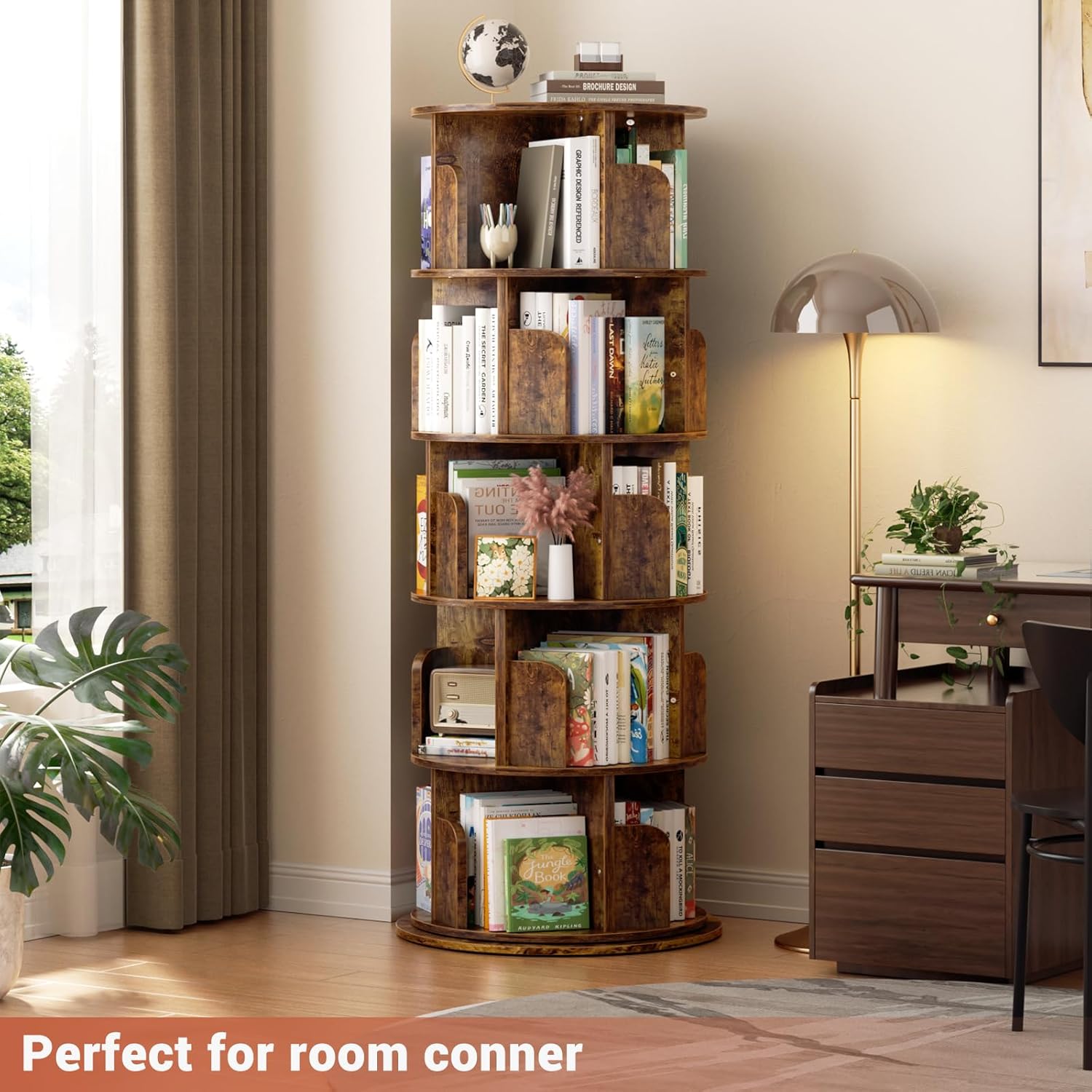 Condition photo showing New/Like New for rotating bookshelf tower, 5 tier spinning bookcase, revolving 360 book shelf narrow tall bookcase, vertical turning round bookshelf organizer, corner bookshelf for small space, rustic brown rustic brown 5 tier