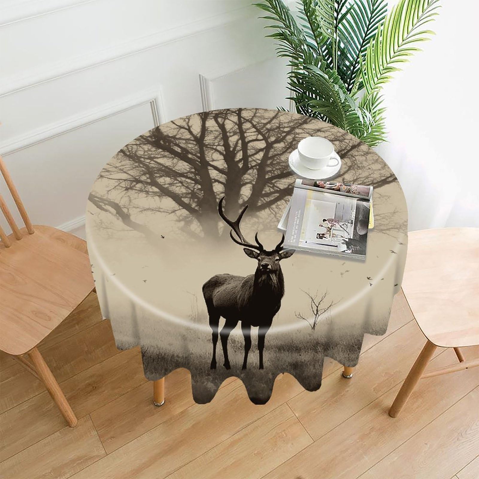 VstaDank Abstract Tree Elk Picture Tablecloth Easy to Clean Polyester Round Table Cover Washable Round Table Cloth Wrinkle-Free Circle Decoration Tablecloth for Kitchen Dining Room 60"