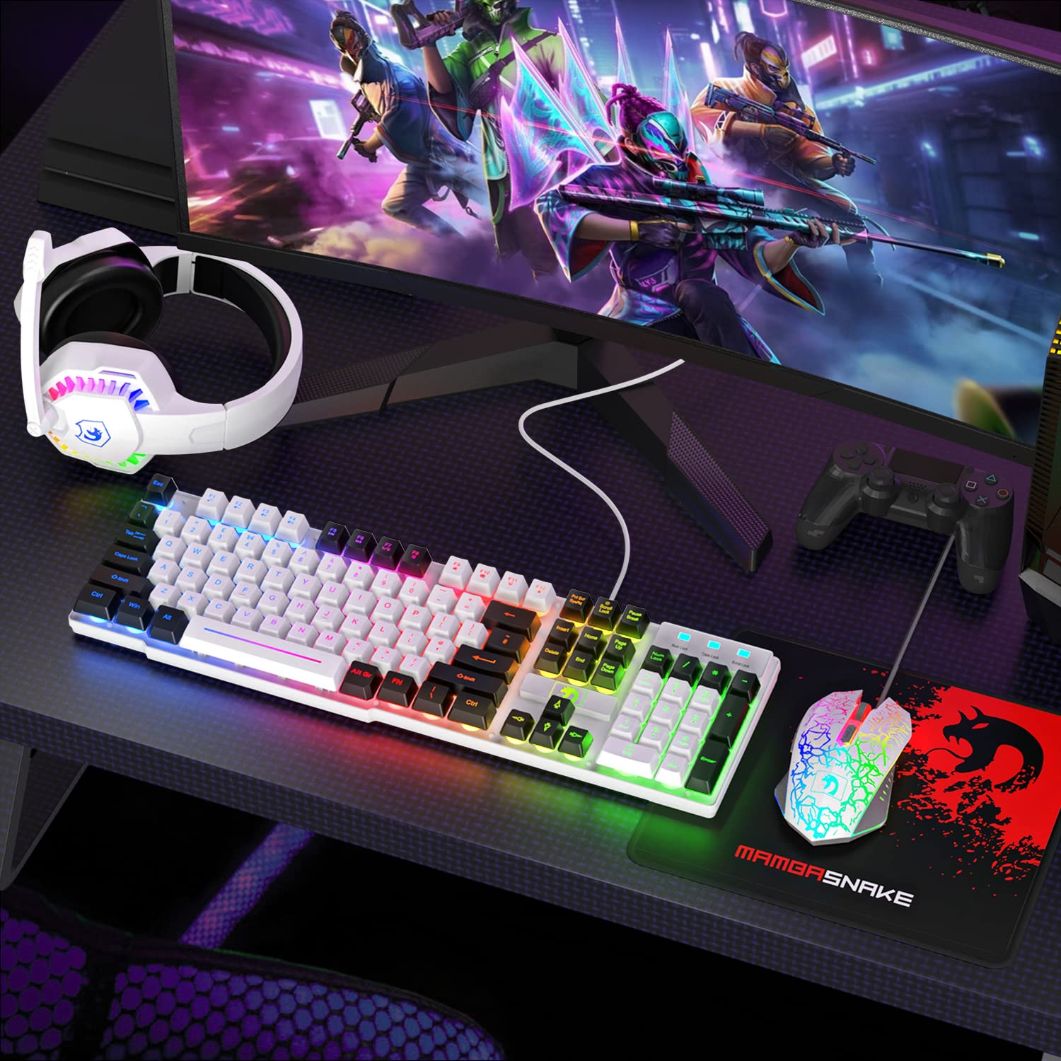 Tastiera e mouse retroilluminati a LED arcobaleno con cavo, cuffie over-ear con microfono, mouse e pad da gioco, per PC, Xbox e PS4 (bianco/nero)