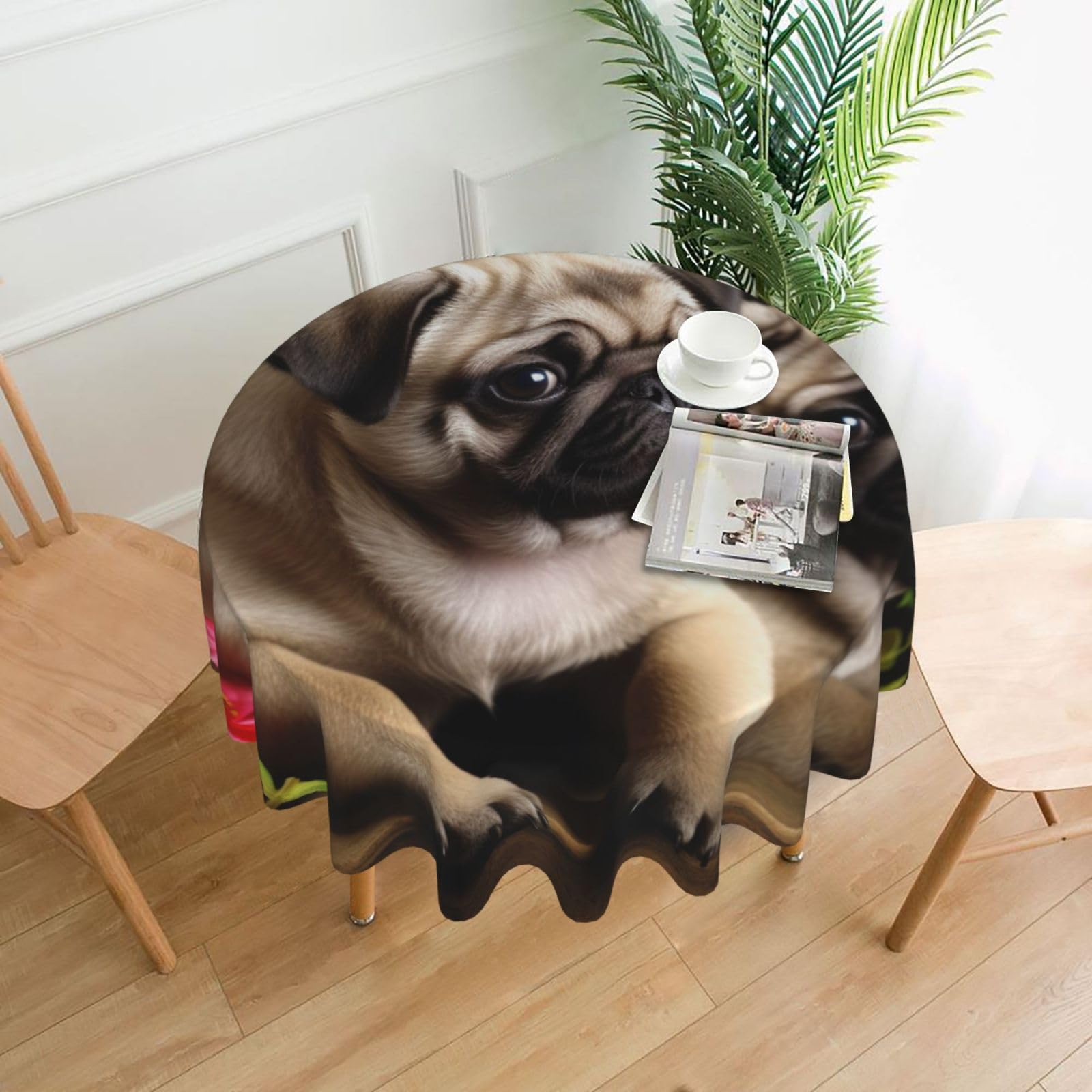 Fodpand Black Puppys Pug Tablecloths For Round Tables 60 Inches - Reusable And Washable Kitchen Table Clothes Decorative Table Cover For Dining Tables, Buffet Parties, Wrinkle Resistant