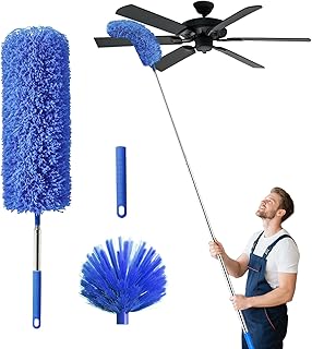 Cobweb Duster with Extension Pole, Washable Cleaning Duster Set with 2 Duster Heads, Spider Web Brush with Pole,high Ceiling Duster with Extension Pole,Cleaning Supplies,Ceiling Fan Cleaner
