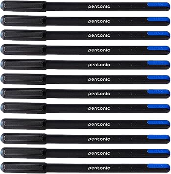 Pentonic Ball Point Pen Box Pack | Tip Size 0.7 mm | Click Off Mechanism, Black Matt Finish Body | Comfortable Grip For Effortless Writing Experience | Blue Ink, Pack of 12