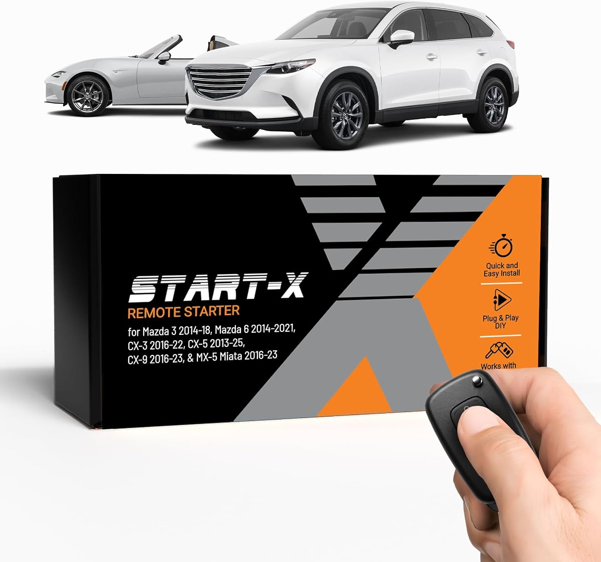 Start-X Car Remote Starter Kit for Mazda 3, 6, CX-3, CX-5, CX-9, MX-5 Miata | Push-to-Start & Key Blade Vehicles | Plug & Play Install | Use OEM Key Fob, Press Lock 3X to Start | Zero Wire Splicing