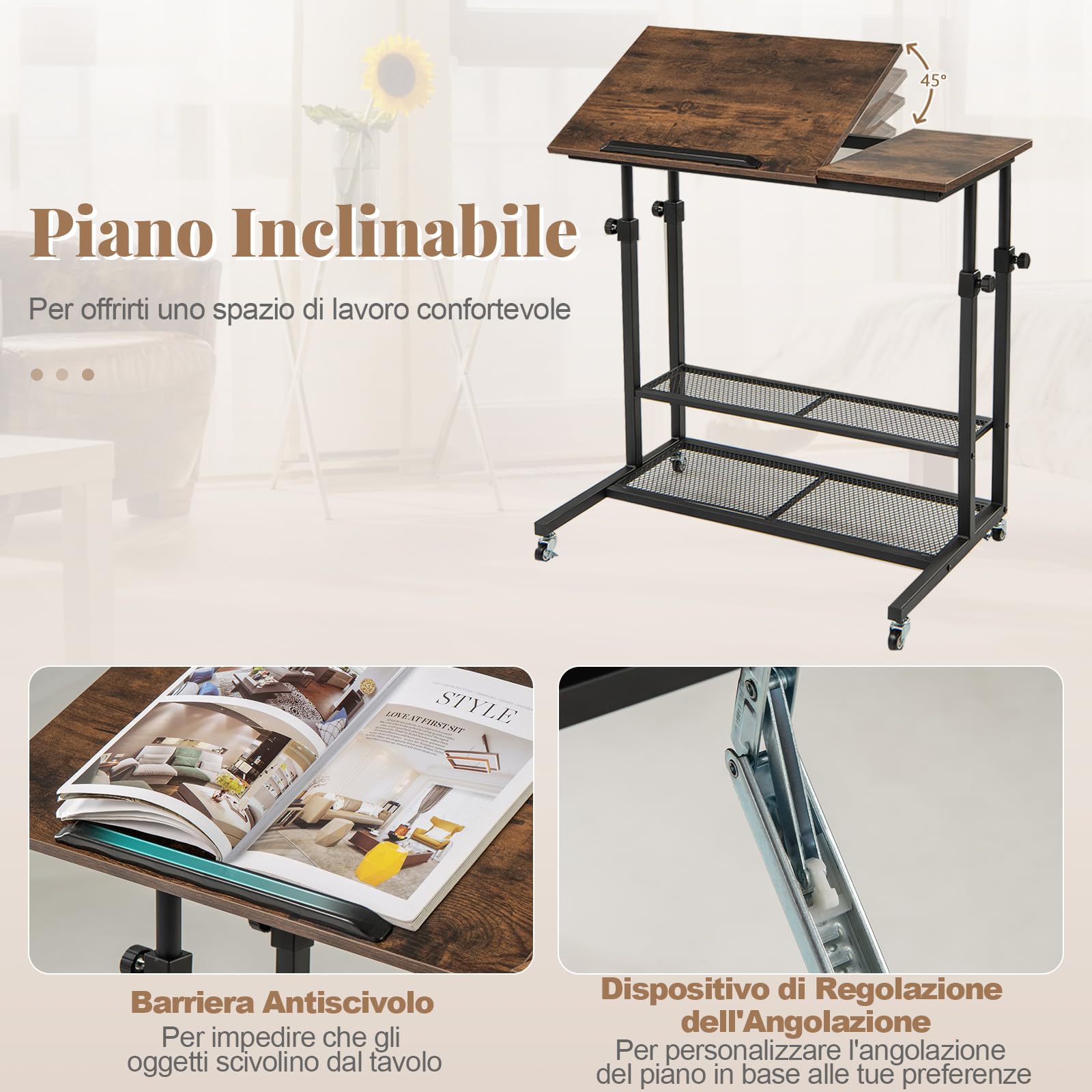 COSTWAY Tavolino da Divano e Letto, Tavolo Regolabile in Altezza con Ruote Bloccabili, Piano Inclinabile e Mensole Portaoggetti, Mobile Versatile per Salotto, Camera da Letto