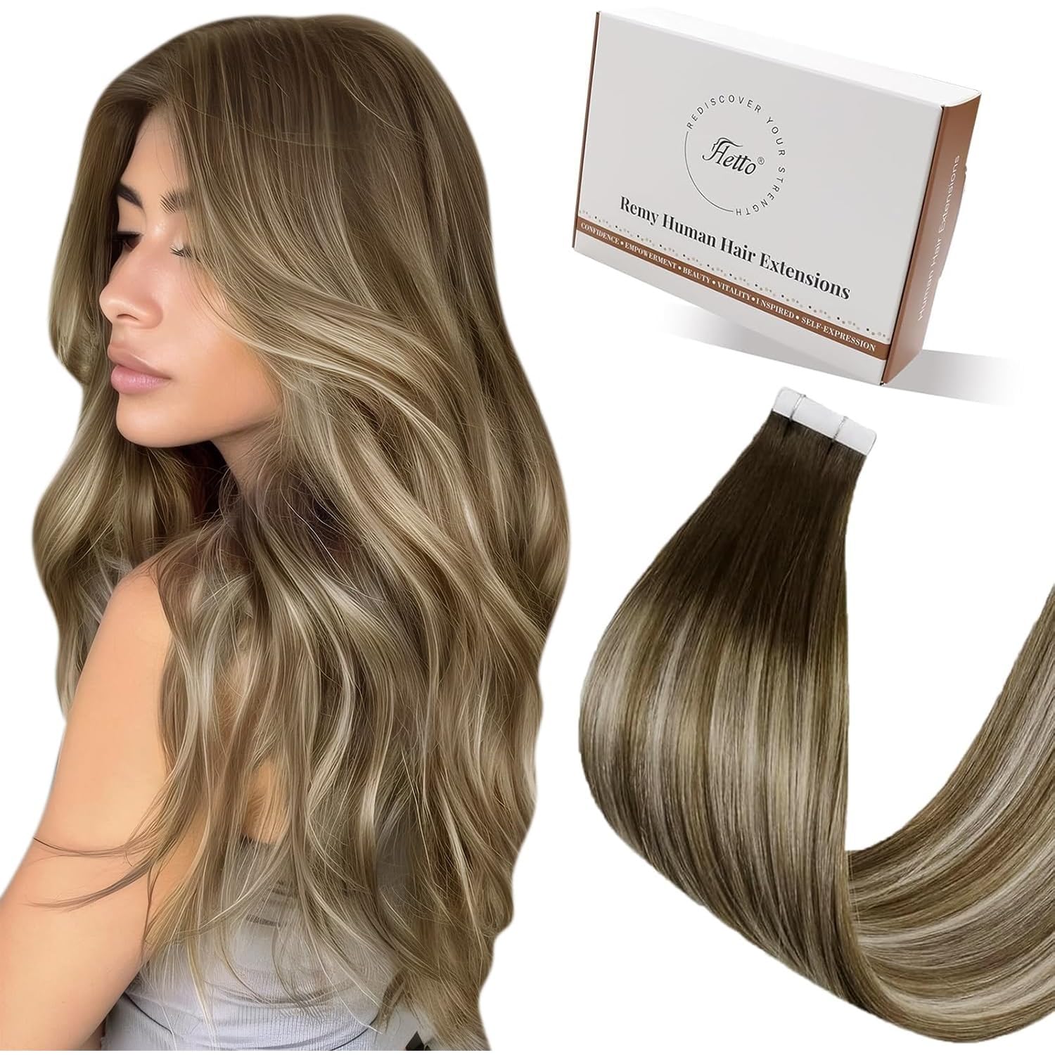 Hetto Echthaar Tape In Extensions Kaffeebraun zu Aschblond Balayage 40cm 20Stück 50g - Perfekt für Hochzeits-Look, Pflegeleichte Balayage Extensions mit Farbverlauf, Natürlicher Flow #3/8/22