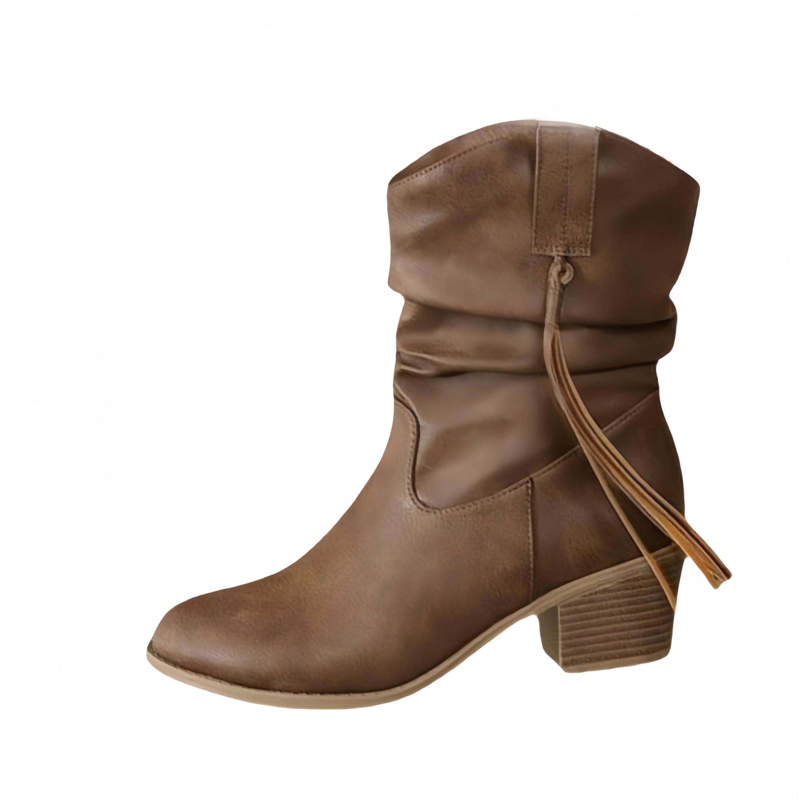 Womens Chunky Heel Ankle Boots Western Cowboy Boots Equestrian Boots with Side Tassel Strap and Braided Rope Tie