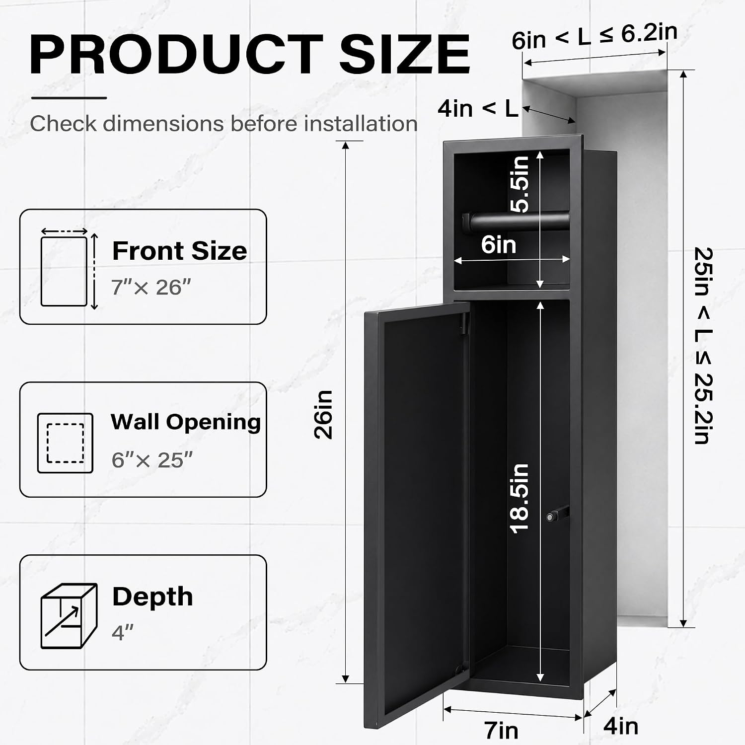 Recessed Toilet Paper Holder with Storage, 304 Stainless Steel, 25"x6" image 3