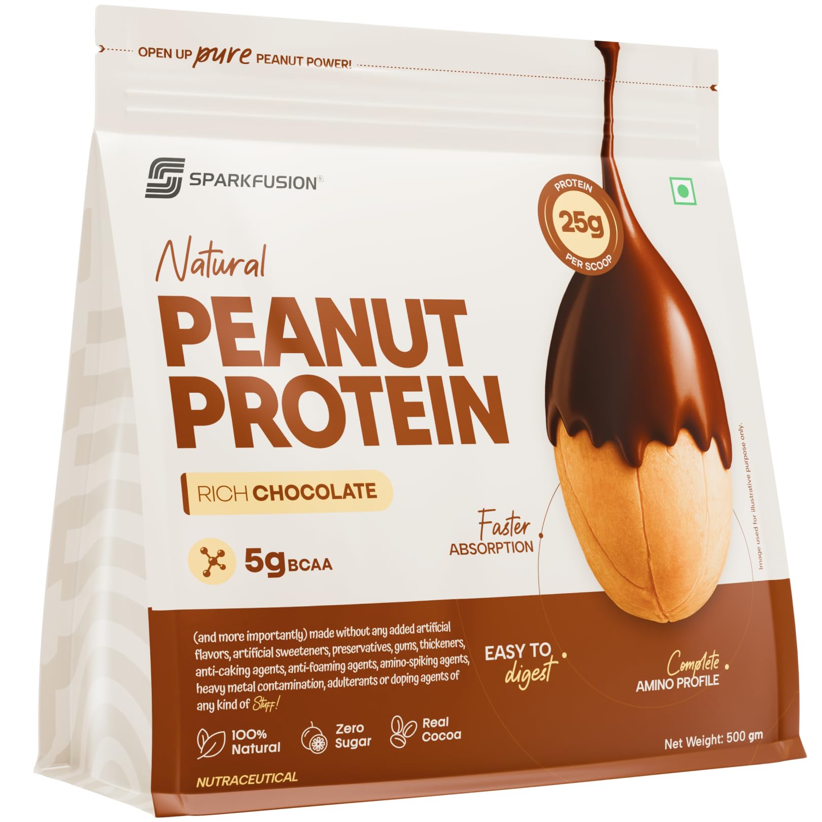 Sparkfusion Natural Peanut Protein Isolate–Rich Chocolate Flavor–25g Protein,5g BCAA, Zero Sugar, Gut-Friendly, Vegan, Lab-Tested, No Artificial Additives 500 gm-image-41