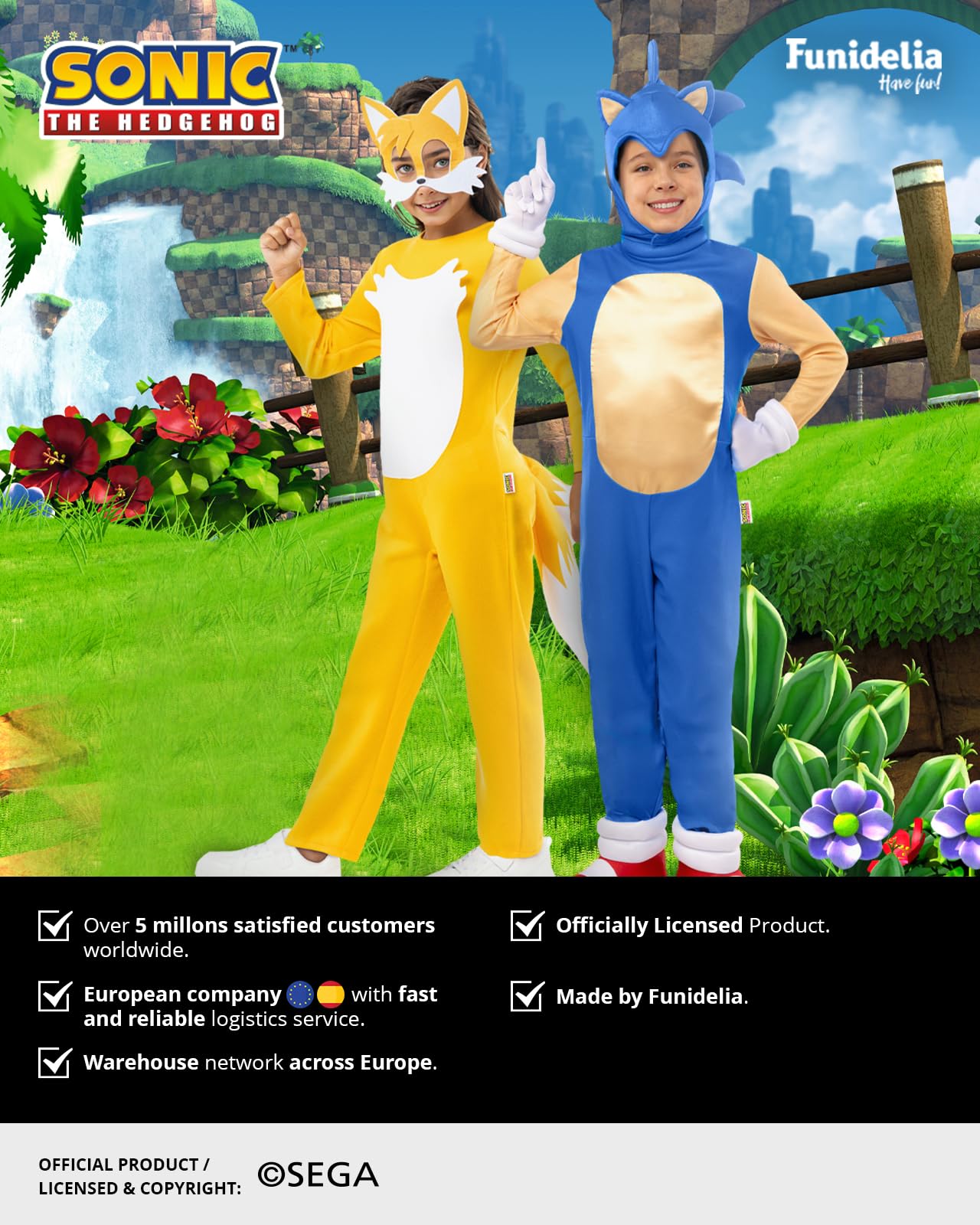 Funidelia Déguisement Officiel de Sonic Deluxe pour Garçon et Fille, Tenue de Jeux Vidéo Hérisson Bleu Enfant, Déguisements de Carnaval, Halloween et Fêtes