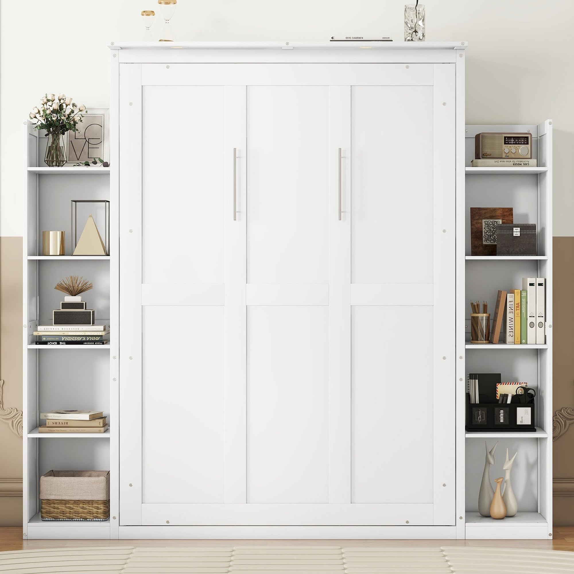 Harper & Bright Designs Full Size Murphy Bed, Wooden Full Murphy Bed Wall Bed with Shelves and LED Lights, White