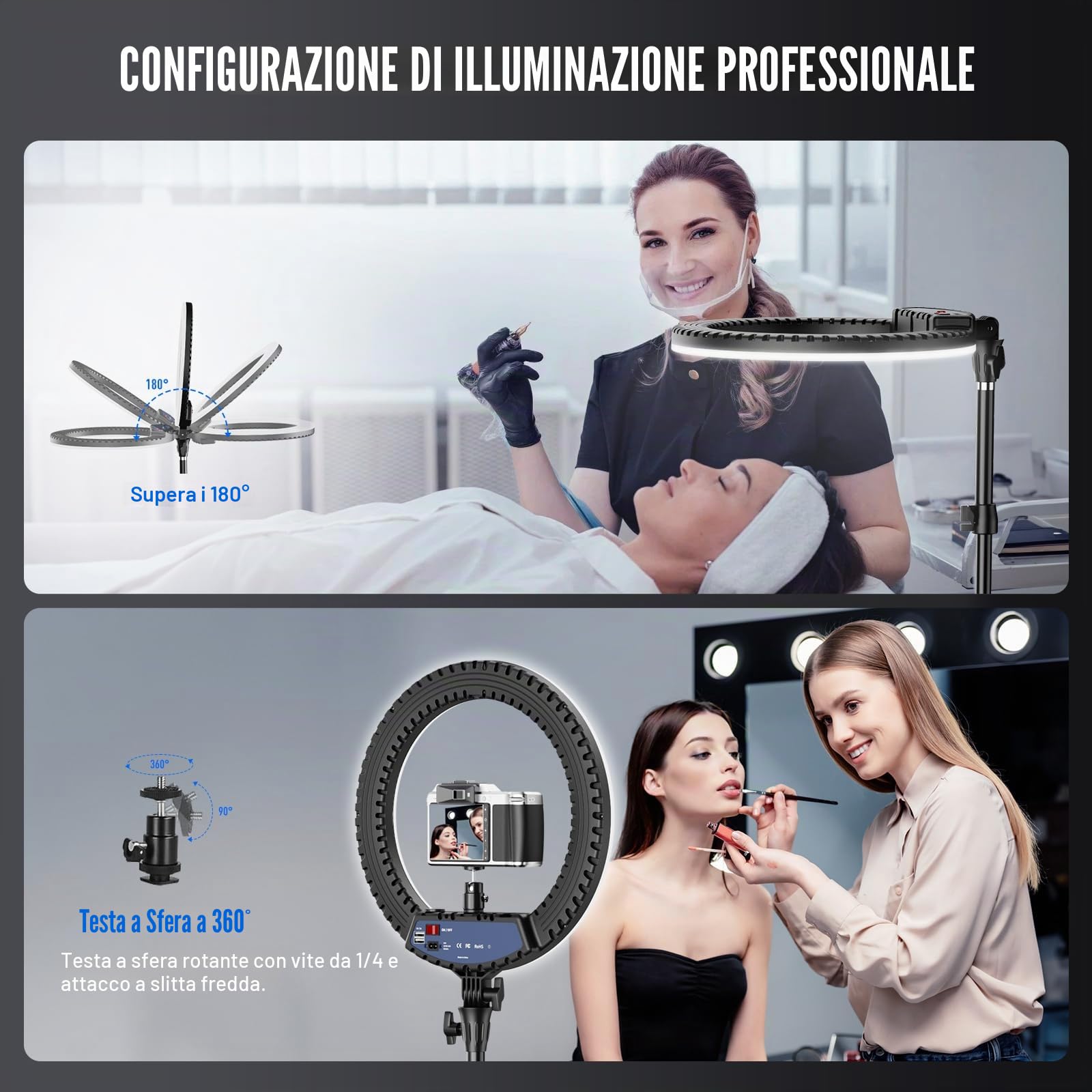 Luce ad anello da 45,7 cm con supporto per treppiede e supporto per telefono, luci ad anello KOSCHEAL con telecomando, 3000-6500 K, dimmerabile, bianco, allungabile 216 cm, luce circolare alta per