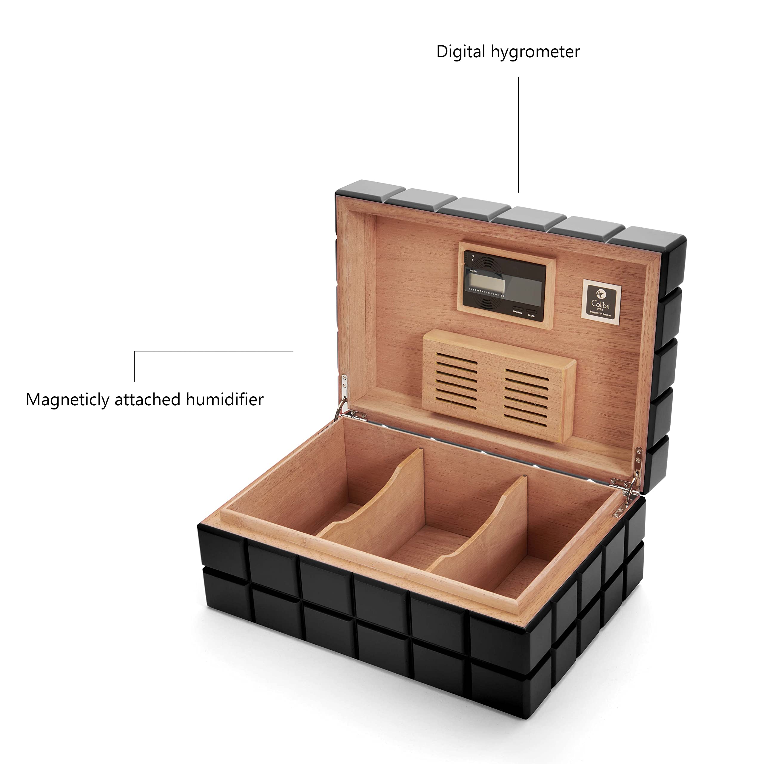 Colibri Heritage Cigar Humidor | Podszewka cedrowa | Cyfrowy higrometr | Magnetyczny regulowany system nawilżania | Pojemność 100-125 cygar | Dwie regulowane przegrody | Unikalny i wyrafinowany design
