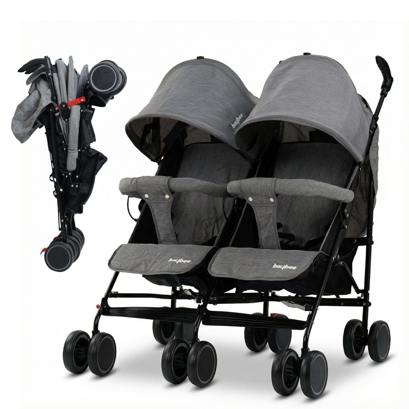 Baybee 2-in-1 Twin Baby Stroller for 0-3 Years | Lightweight Foldable Pram for 0 to 5 Years | Adjustable Canopy, Safety Guardrail, Wheel Lock & Parental Handle | Baby Stroller for Boys & Girls (Grey)-image-4