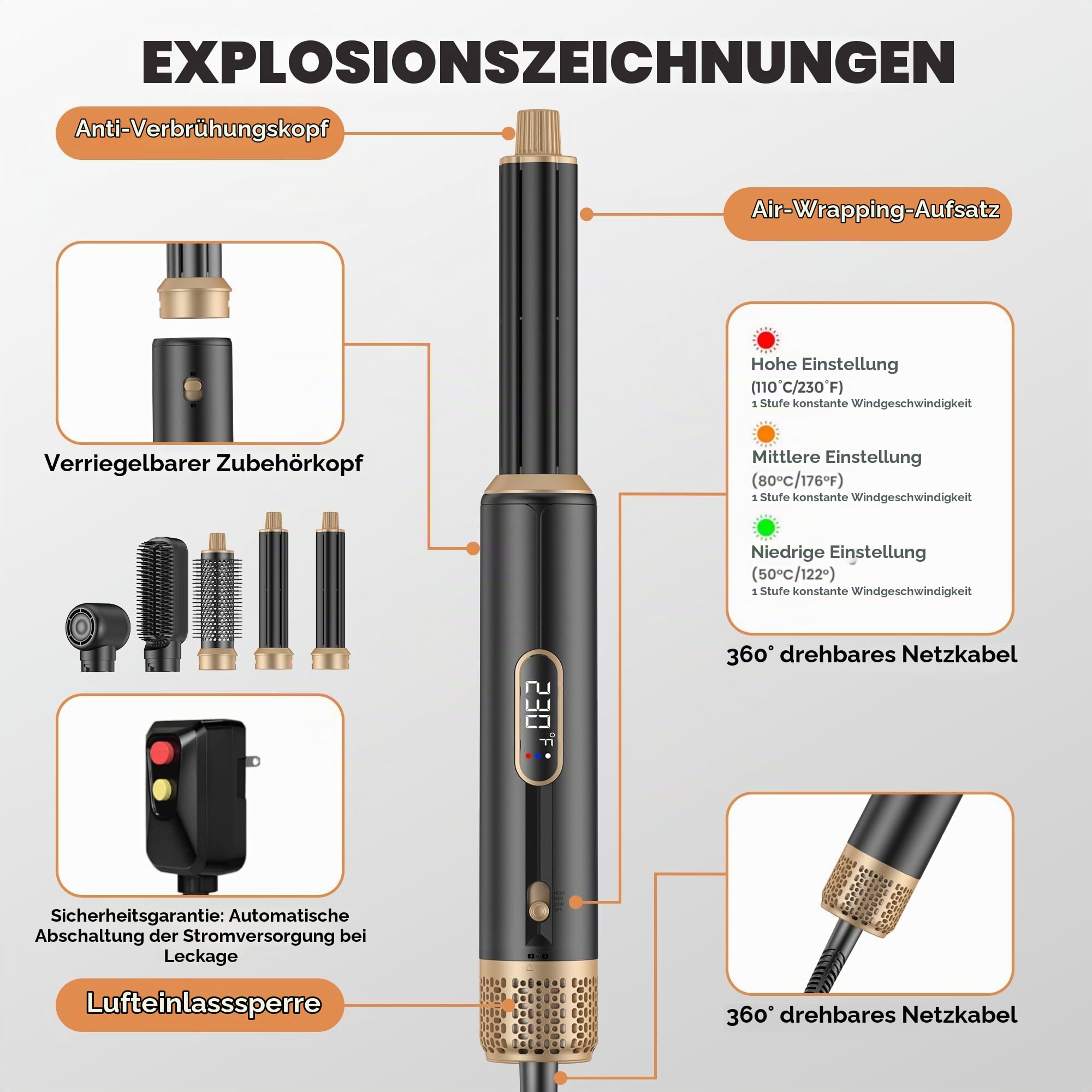 5-in-1 Warm Air Brush & Hairstyler Set, Multifunktions Haarstyler für Locken, Glätten & Volumen, LED-Digitalanzeige, 3 Heizstufen (50-110°C), Ionen-Technologie gegen Frizz, 1000W Profi-Styling-Kit