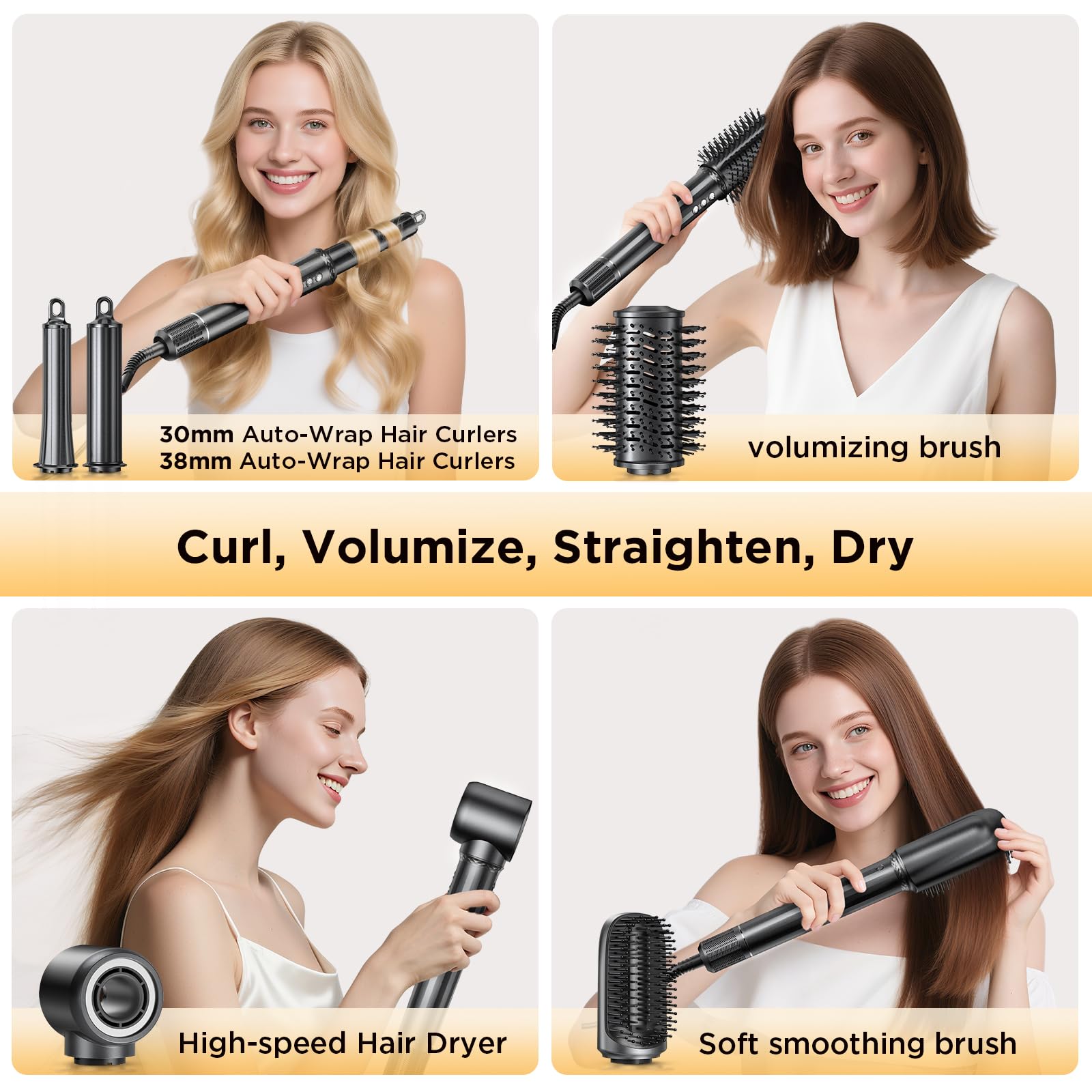 Uwithm Asciugacapelli 5 in 1, 30mm 38mm Arricciacapelli Spazzola Modellante Ad Aria Per Capelli Ricci, Volumizzare, Lisciante, Asciugare, ad aria calda Motore ad alta velocità, Senza Danni da Calore