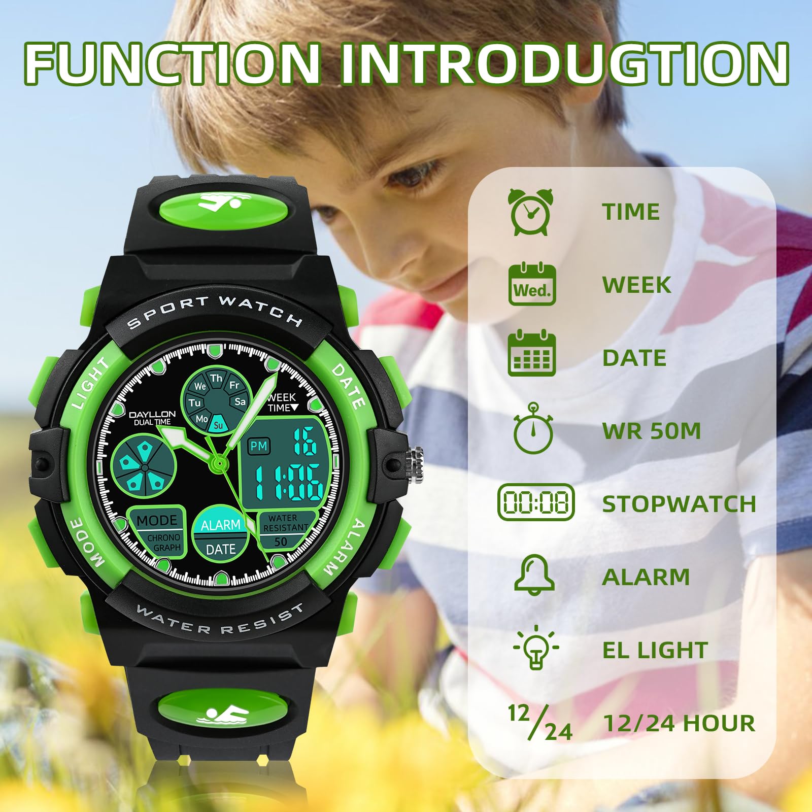 Dayllon Orologi per bambini, ragazzi età 5-15, orologio analogico digitale per bambini, verde, Verde