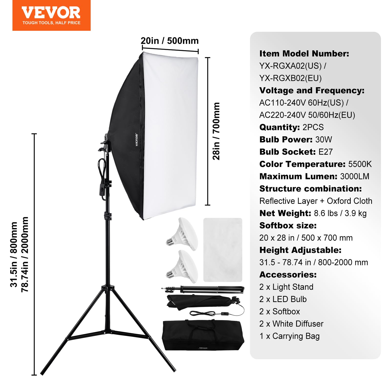 VEVOR Softbox Set, 50x70cm, Profi Fotostudio Set mit 30 W 5500 K LED-Birnen, nahezu natürliches Tageslicht, Verstellbarer Stativständer, Studioleuchten für Fotografie, Videoaufnahmen, Live-Streaming