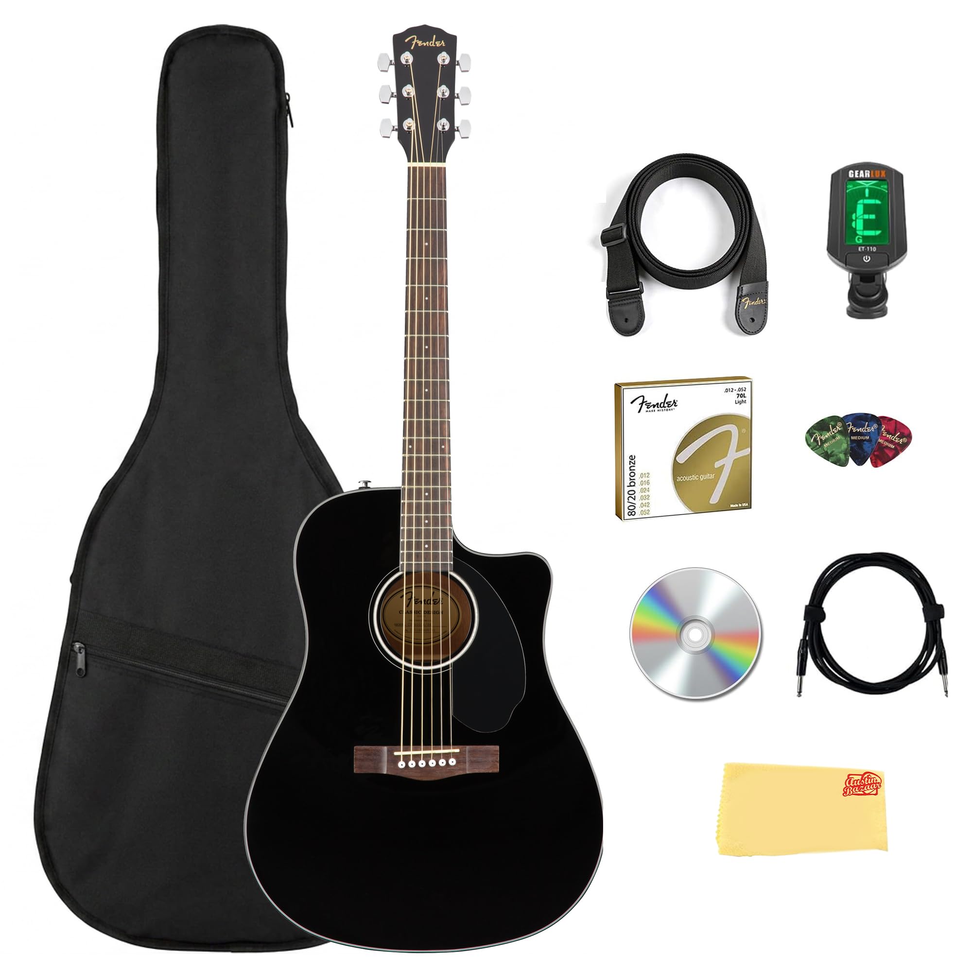 Fender CD-60SCE Solid Top Dreadnought Acoustic-Electric Guitar - Black Bundle with Gig Ba…