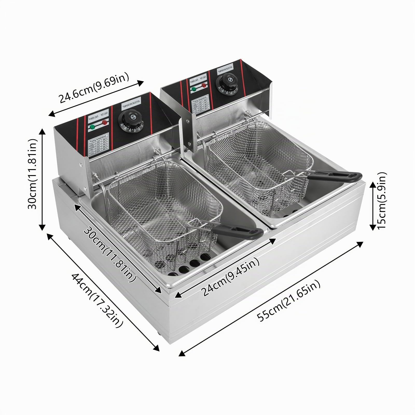 Freidora eléctrica, 12 L, acero inoxidable, freidora eléctrica, doble fritoese, con cestas, tapas de 5000 W, para restaurantes, cafés y catering móvil