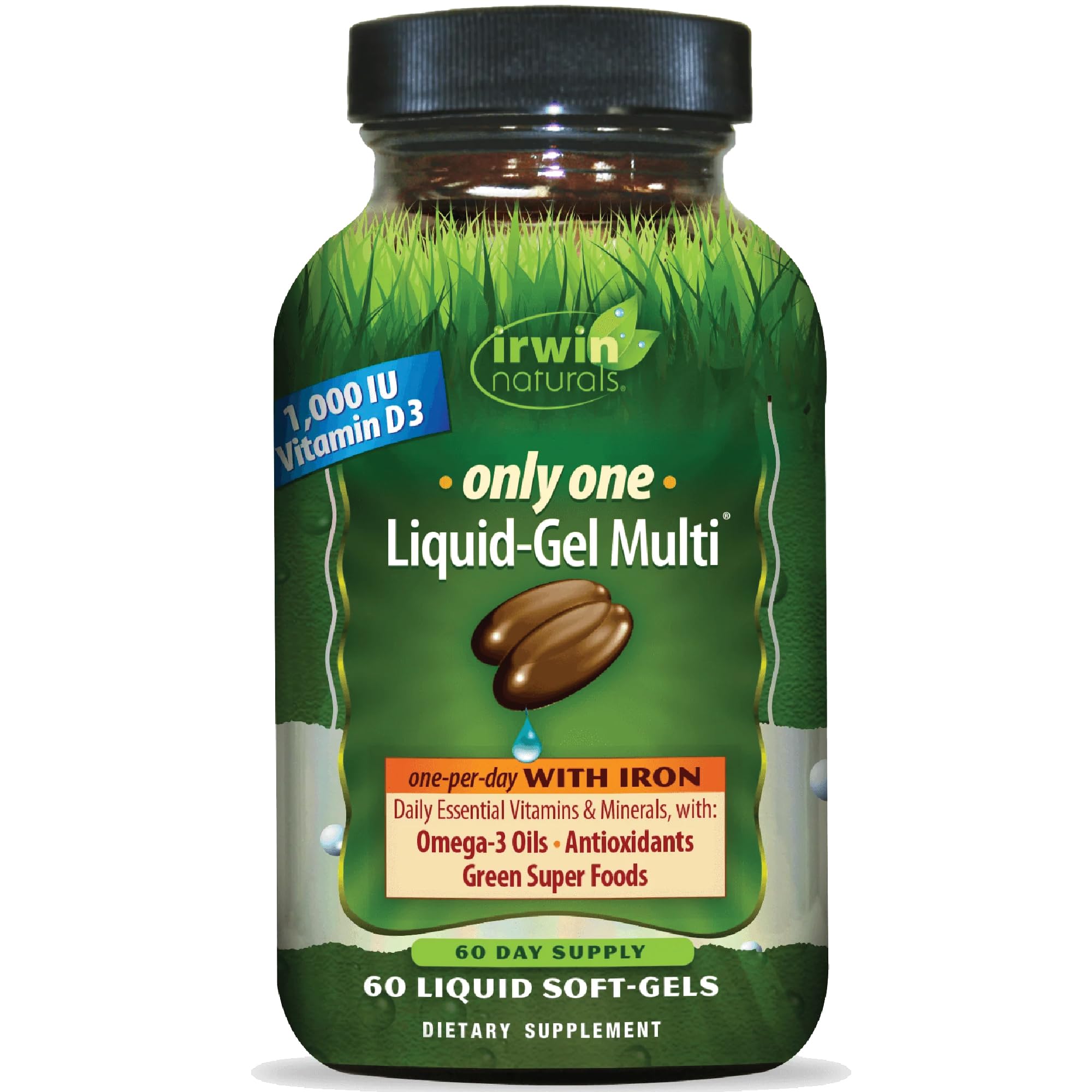 Irwin Naturals Only One Liquid-Gel Multi with Iron - 60 Liquid Softgels - Daily Essential Vitamins, Minerals, Antioxidants, Omega-3s & Green Super Foods