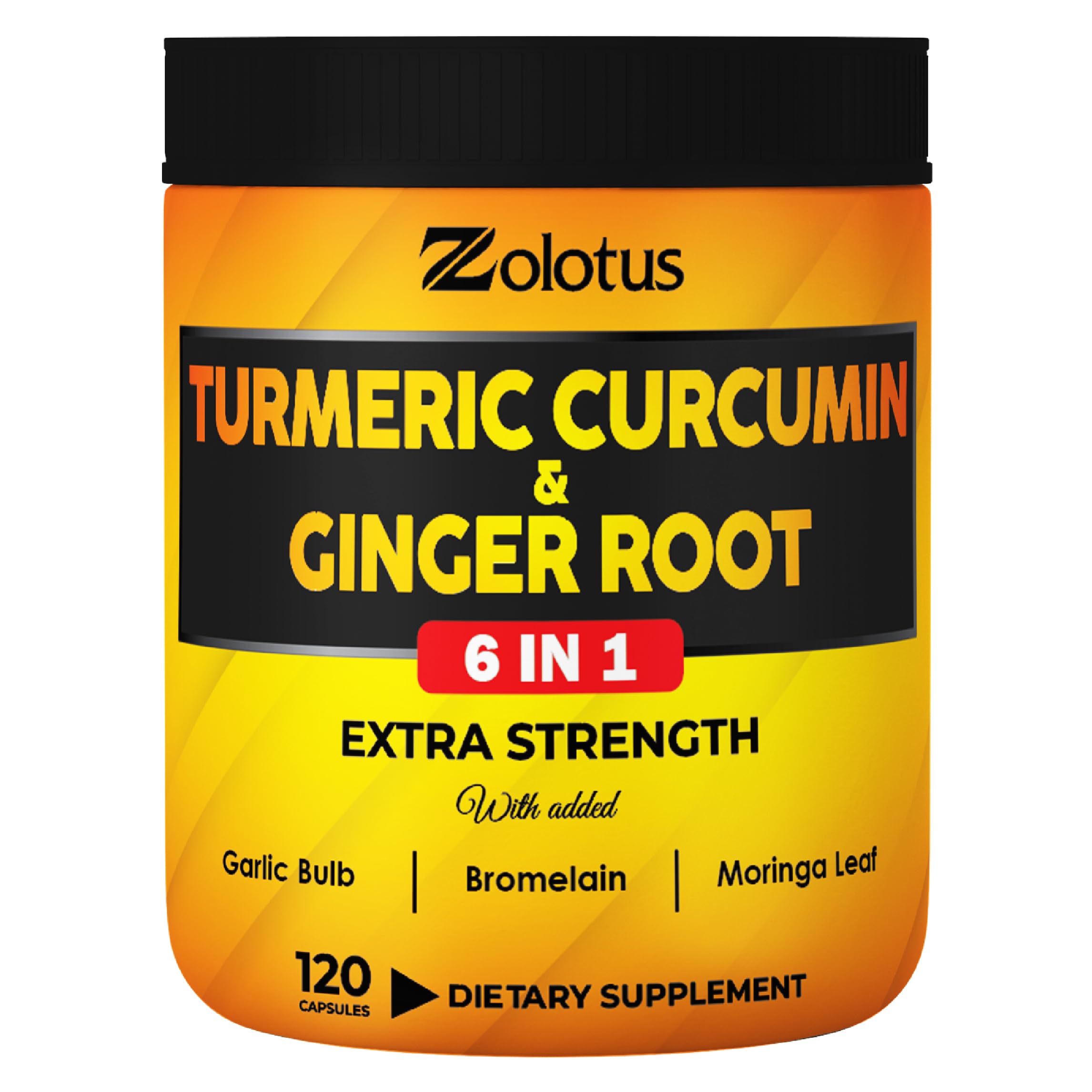 6 in 1 Turmeric Curcumin + Ginger Capsules, 95% Curcuminoids with Ginger, Garlic Bulb, Bromelain, Moringa, Black Pepper - 120 Capsules 120 Count (Pack of 1)