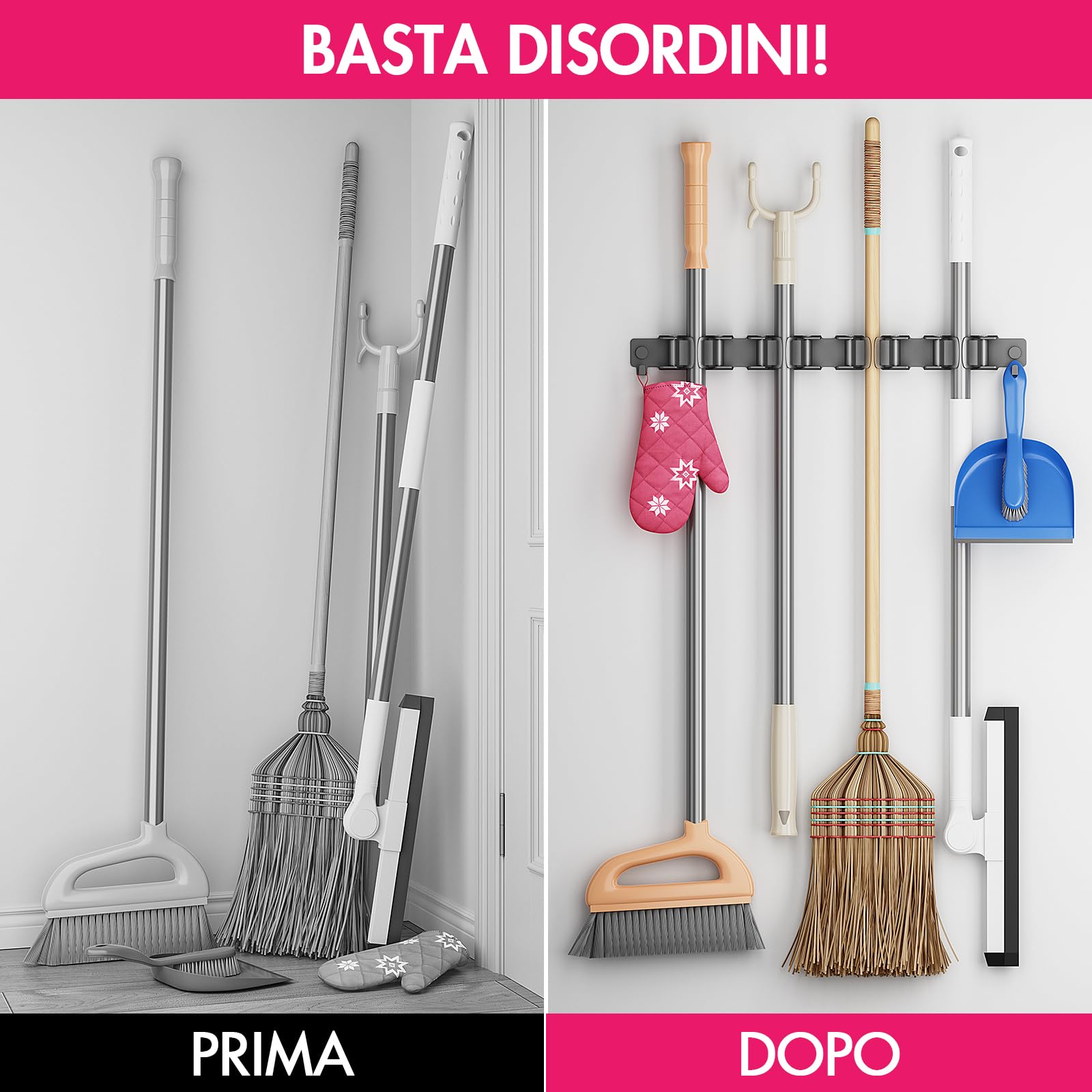 Portascope da Muro con 3 Supporti e 2 Ganci Autoadesivo Nero
