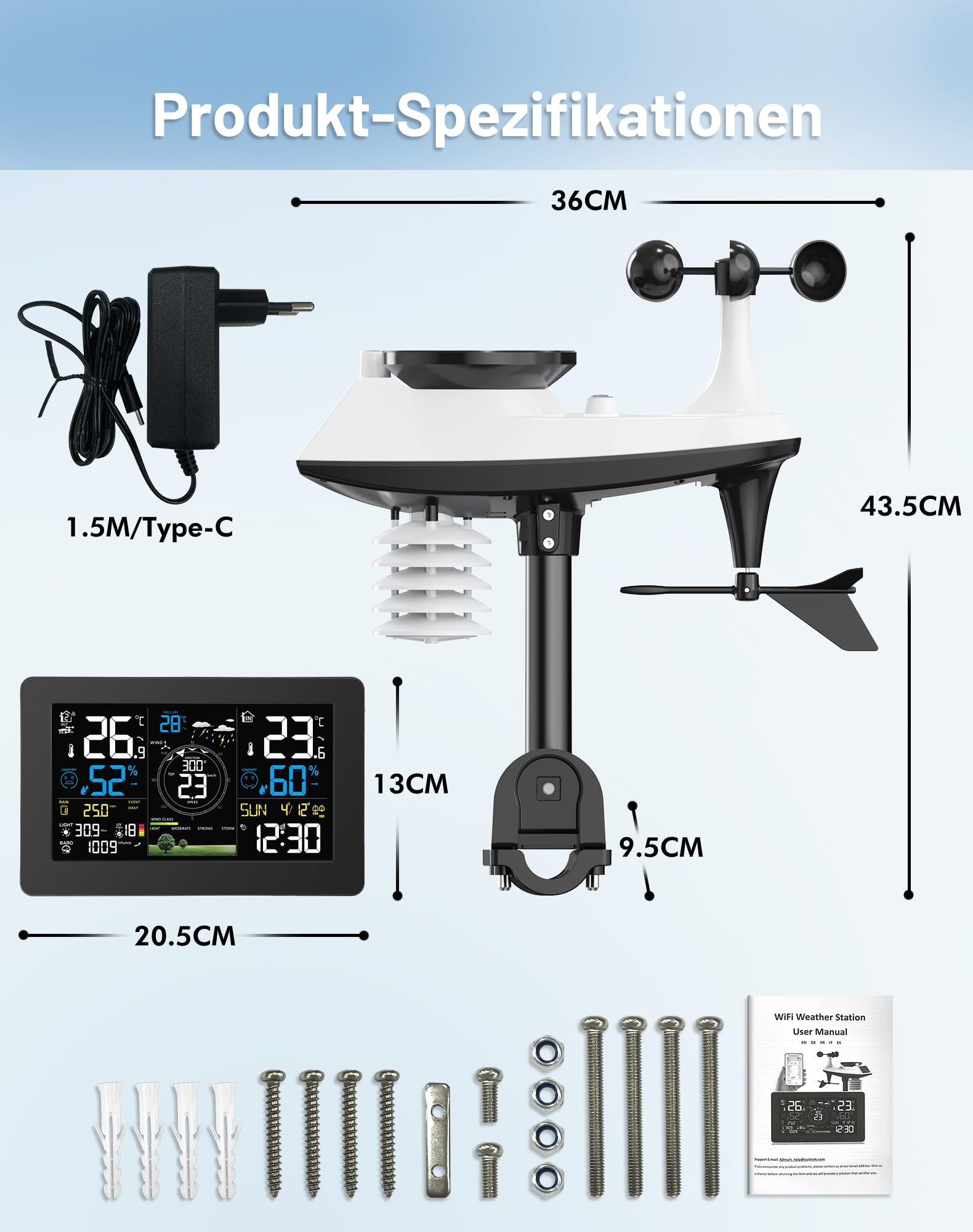 WLAN Wetterstation mit Außensensor, 11-in-1 Profi Funkwetterstation mit Windgeschwindigkeit Windrichtung, Regenmesser, Temperatur, Luftfeuchtigkeit, Luftdruck, Wettervorhersage, UV-Index, Alarm